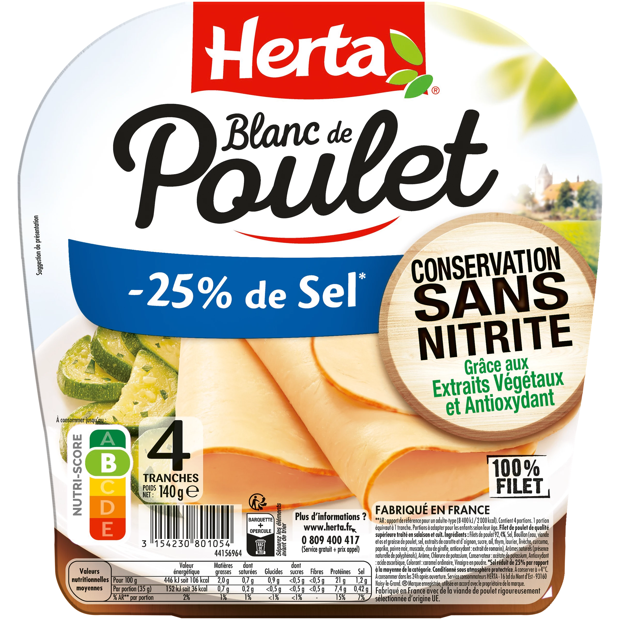 Blanc de Poulet Sel Réduit Conservation Sans Nitrite, 140g - HERTA