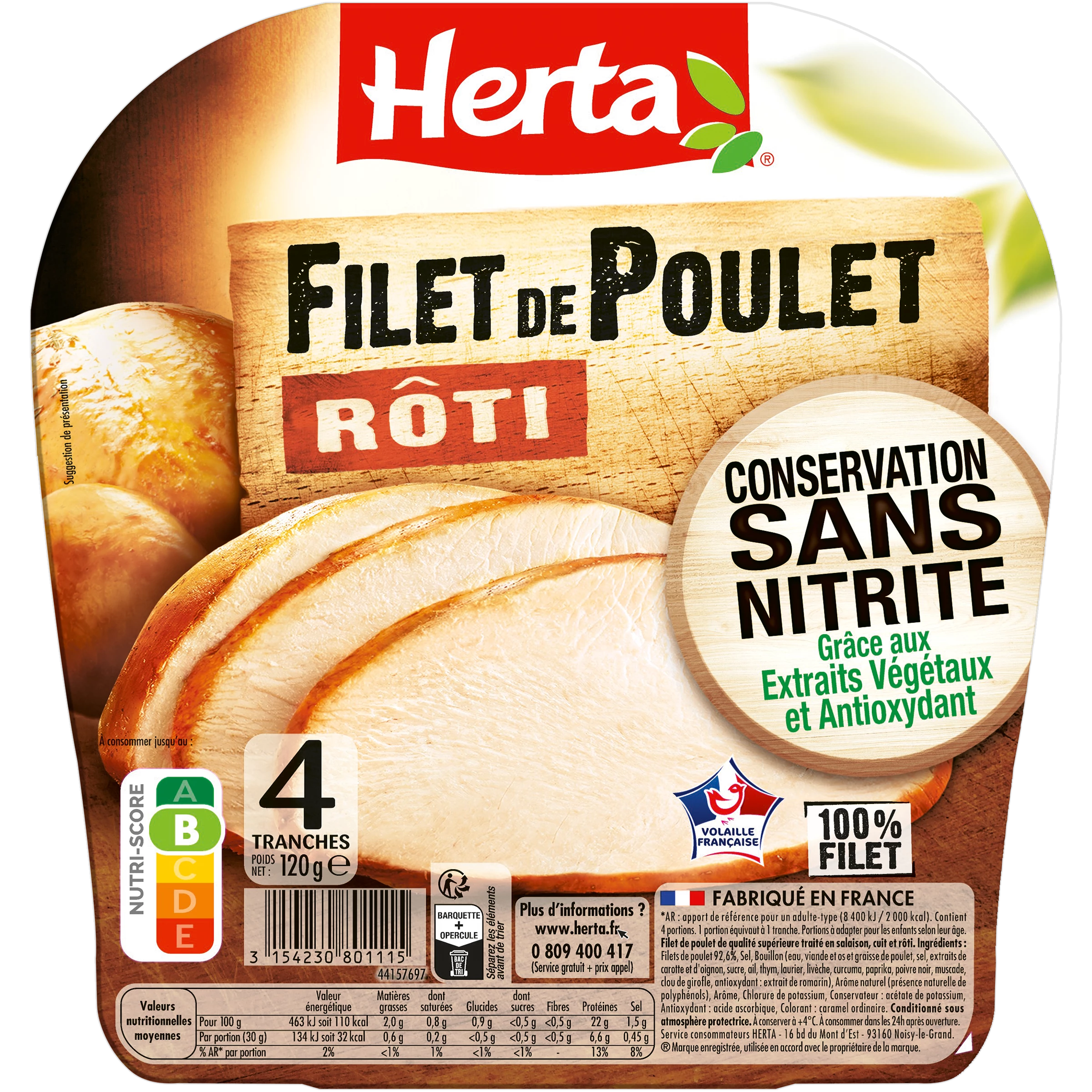 Filet de  Poulet Rôti Conservation Sans Nitrite, 120g - HERTA