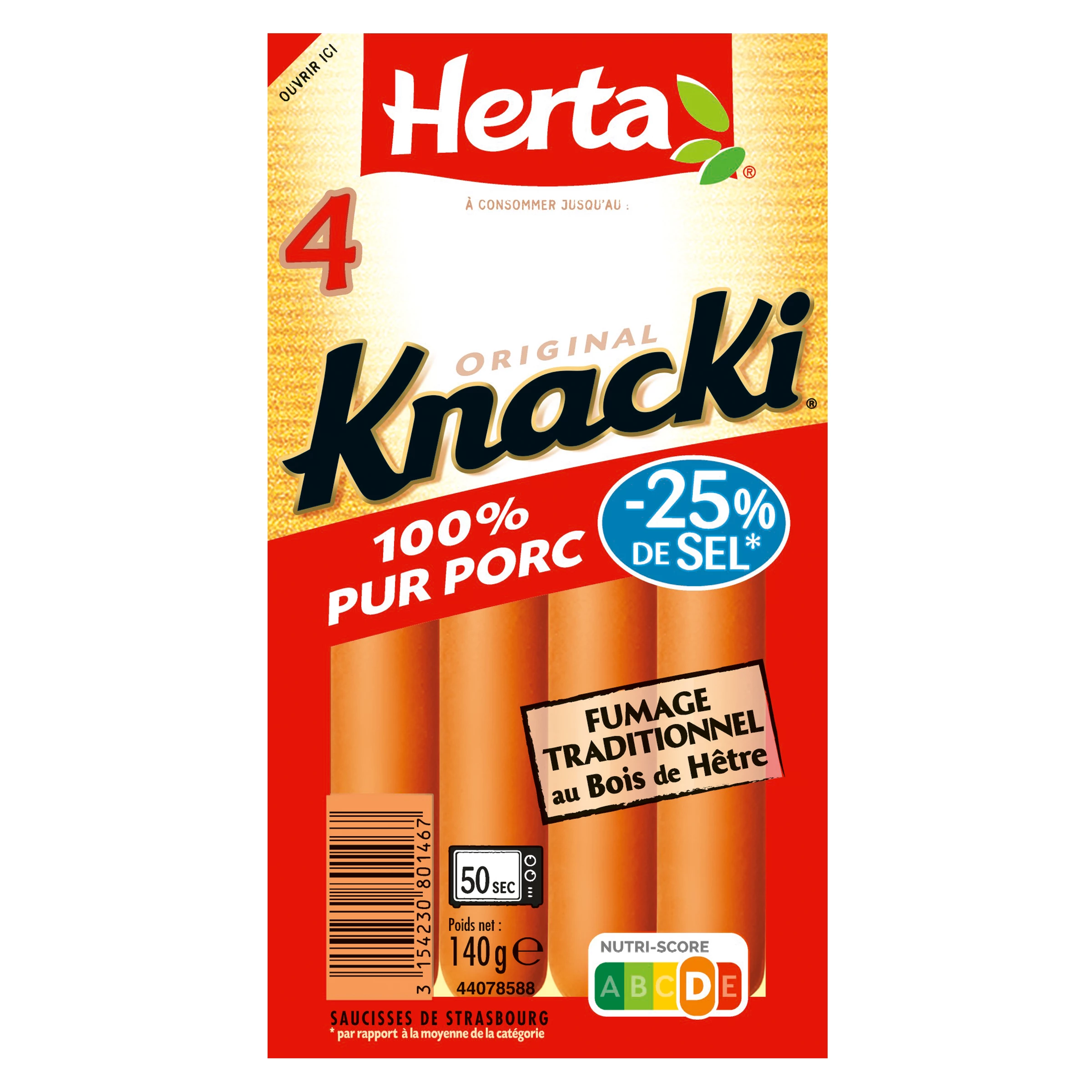 Saucisses Knacki 100% Pur Porc Sel Réduit, 140g - HERTA
