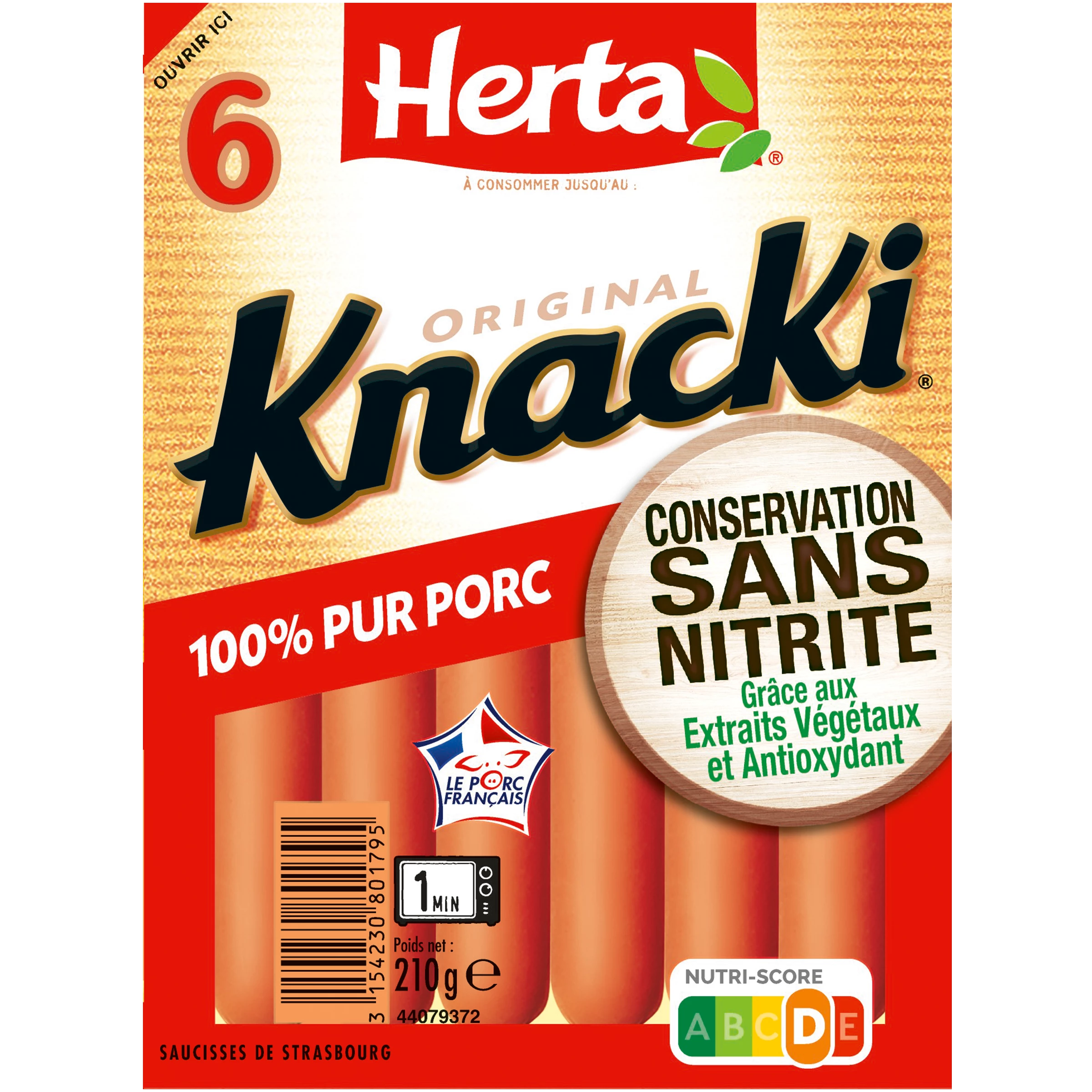 Saucisses Knacki Original 100% Pur Porc Conservation Sans Nitrite , 210g - HERTA