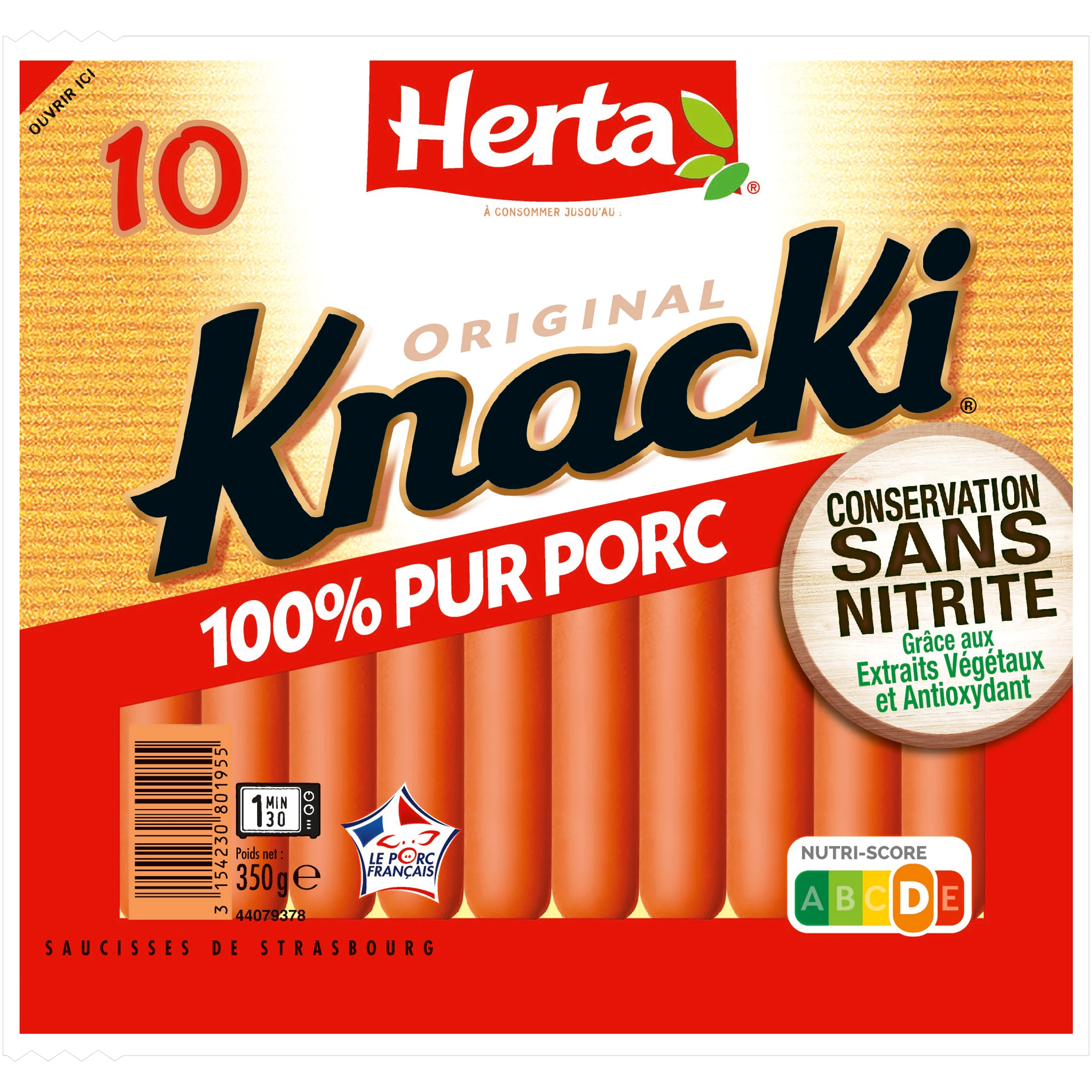 Saucisses 100% Pur Porc Conservation Sans Nitrite, 350g - HERTA