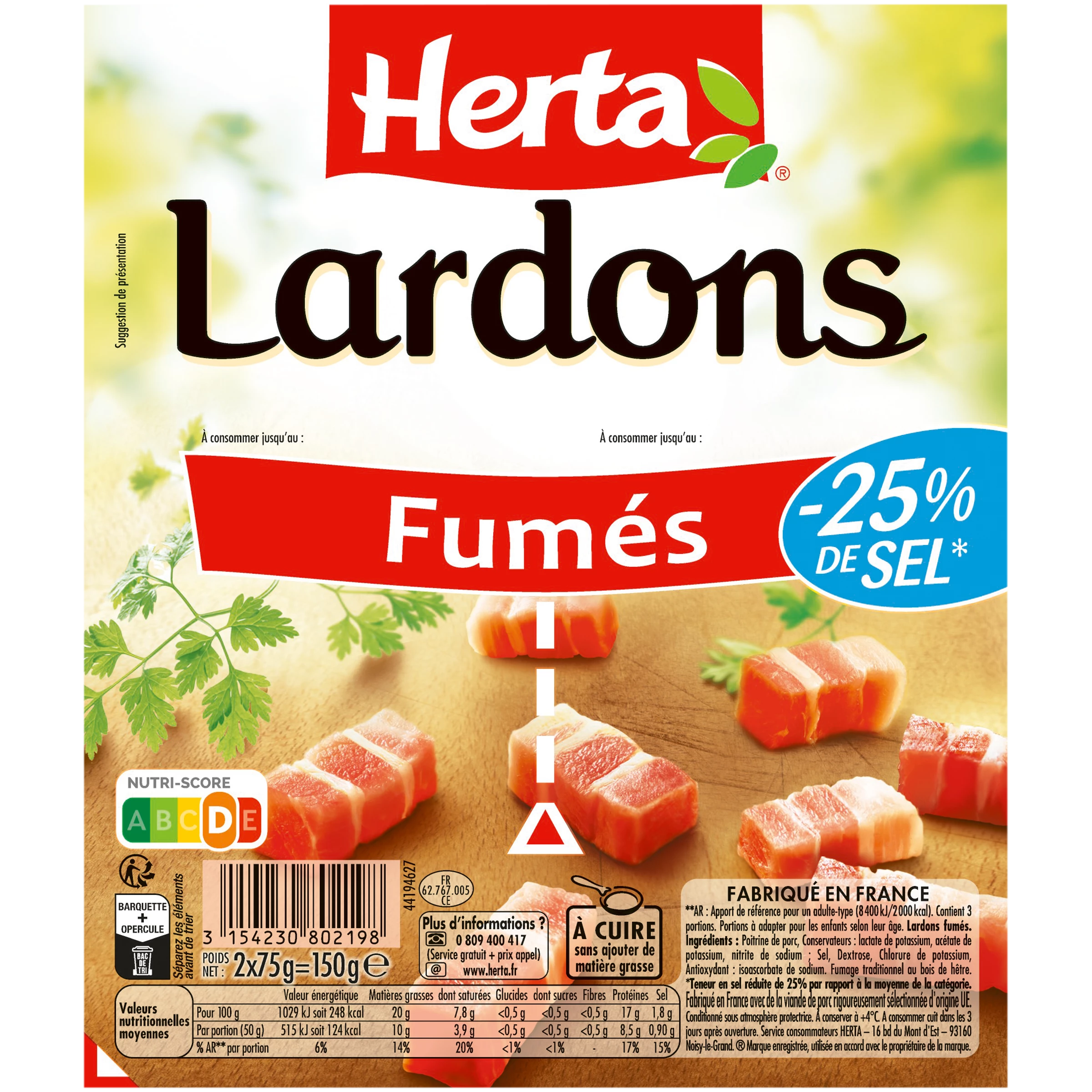 Lardons Fumés Sel Réduit, 75g - HERTA