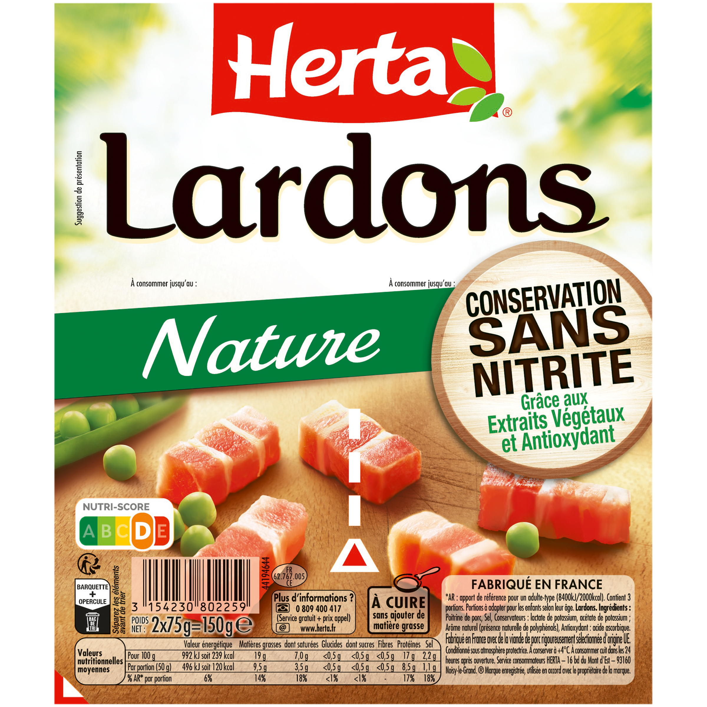 Lardons Natures Conservation Sans Nitrite, 75g - HERTA