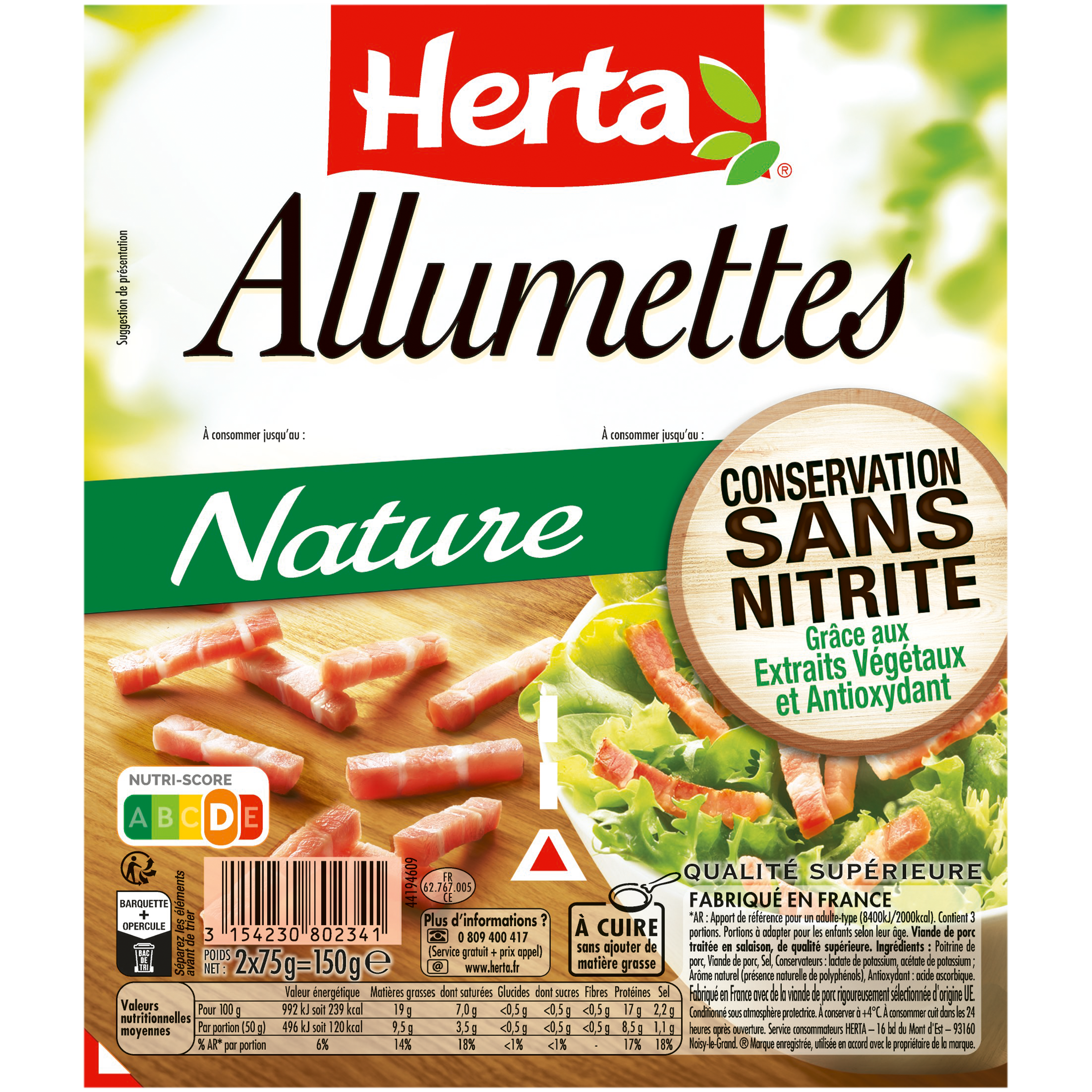 Allumettes Nature Conservation Sans Nitrite, 75g - HERTA