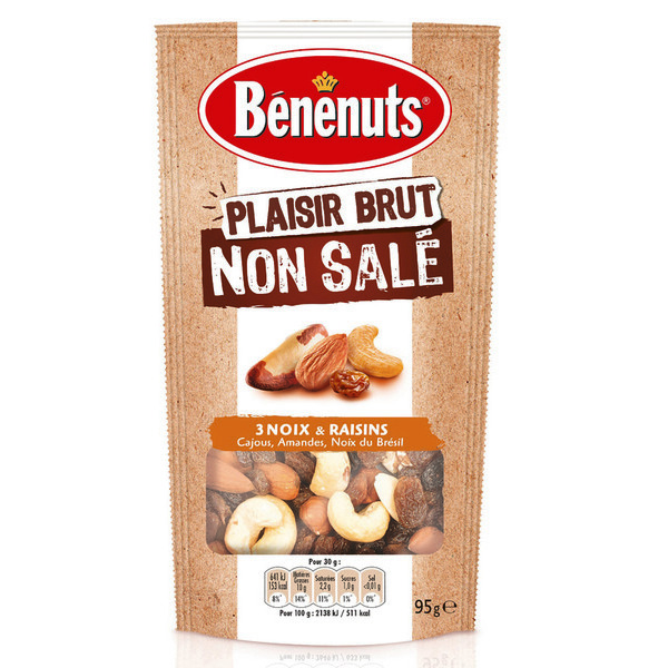 Plaisir brut non salé 3 noix et raisins 95g - BENENUTS