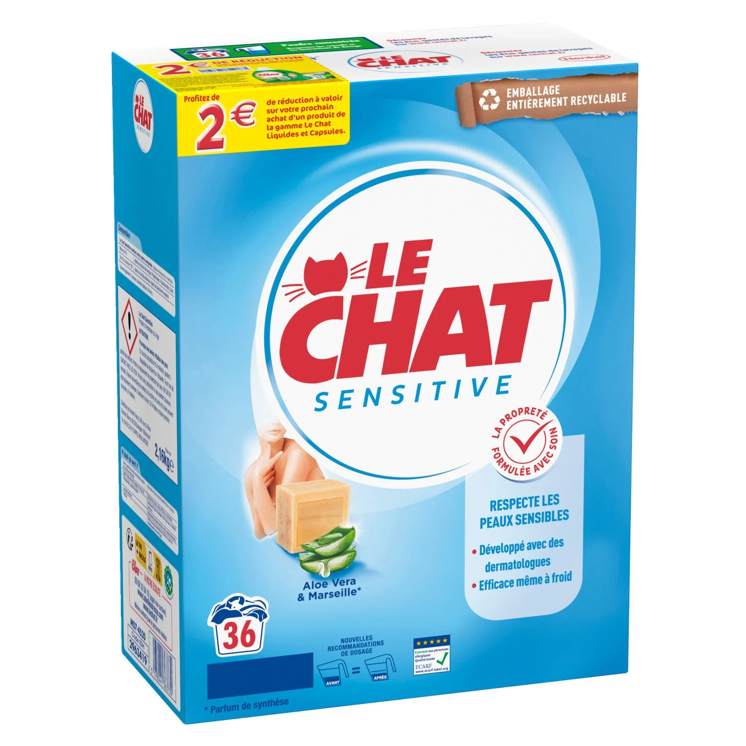 A sensitive powder laundry with Marseille soap and Aloe Vera 2.16kg - LE CHAT
