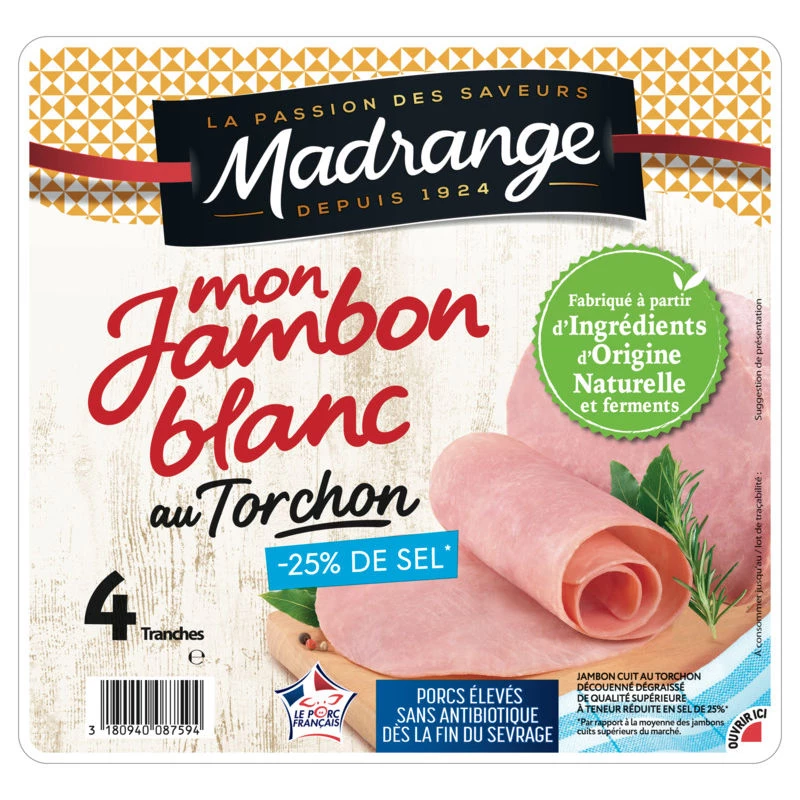 Mon Jambon Blanc au Torchon 25% de Sel Reduit, 160g - MADRANGE