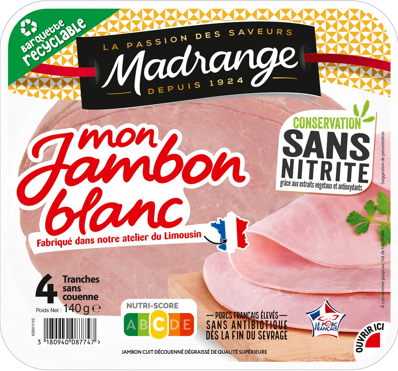 Mon Jambon Blanc Conservation sans Nitrite, 4 Tranches 140g - MADRANGE