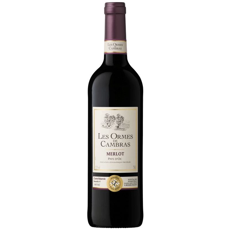Vin Rouge Merlot Pays d'Oc, 13°, 75cl - LES ORMES DE CAMBRAS