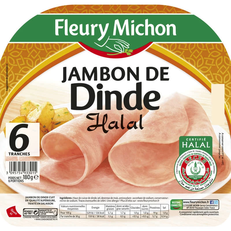 Jambon de Dinde Halal, 6 Tranches 180g - FLEURY MICHON