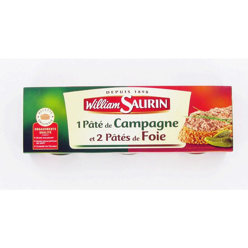 Pâtes Combiné  1 Pâté de Campagne et 2 Pâtés de Foie; 3x78g - WILLIAM SAURIN
