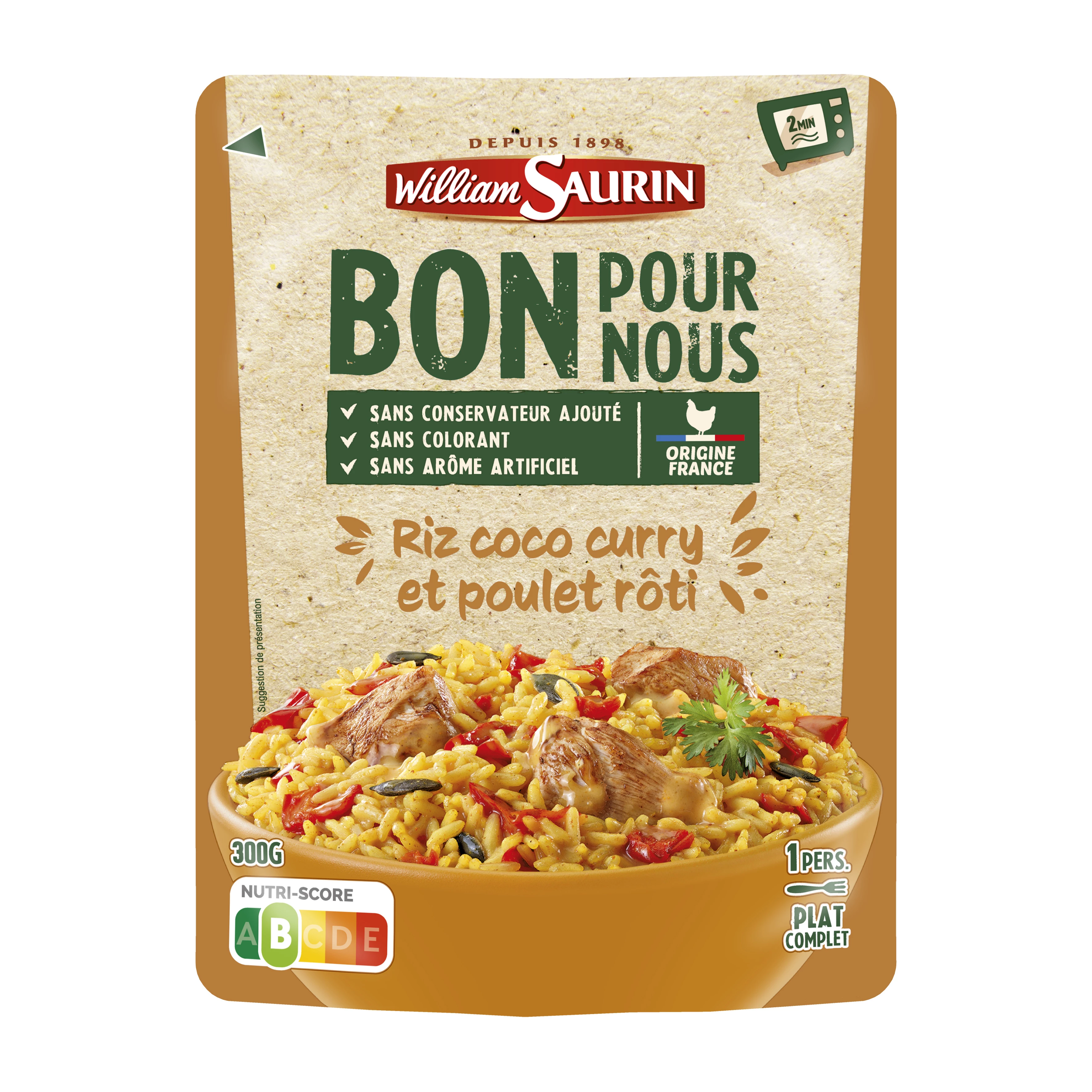 Cooked dish rice coconut curry roasted chicken good for us 300g - William Saurin