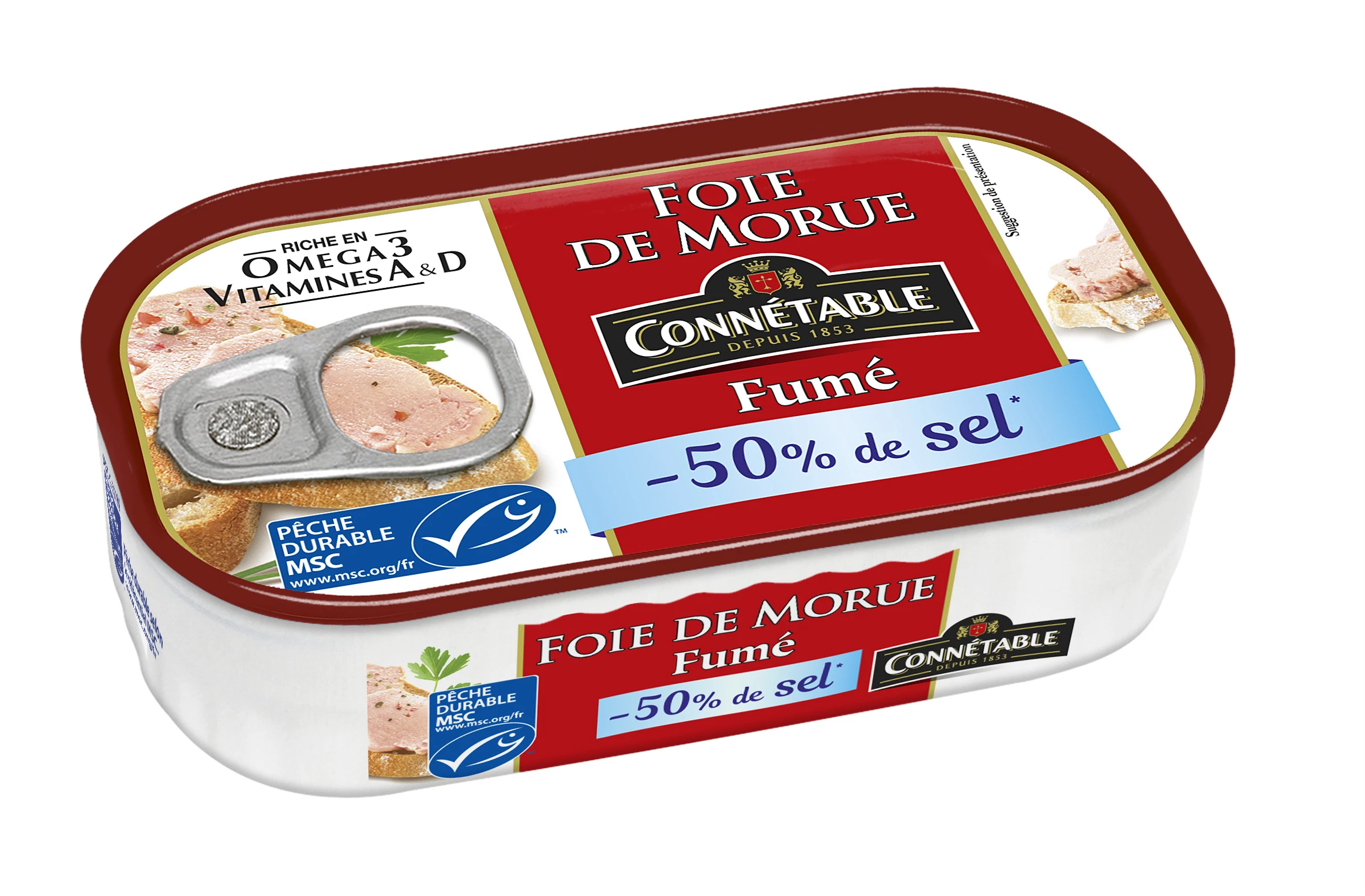 Fegato di merluzzo MSC affumicato con legno di faggio con il 50% di sale; 121 g - CONNÉTABLE