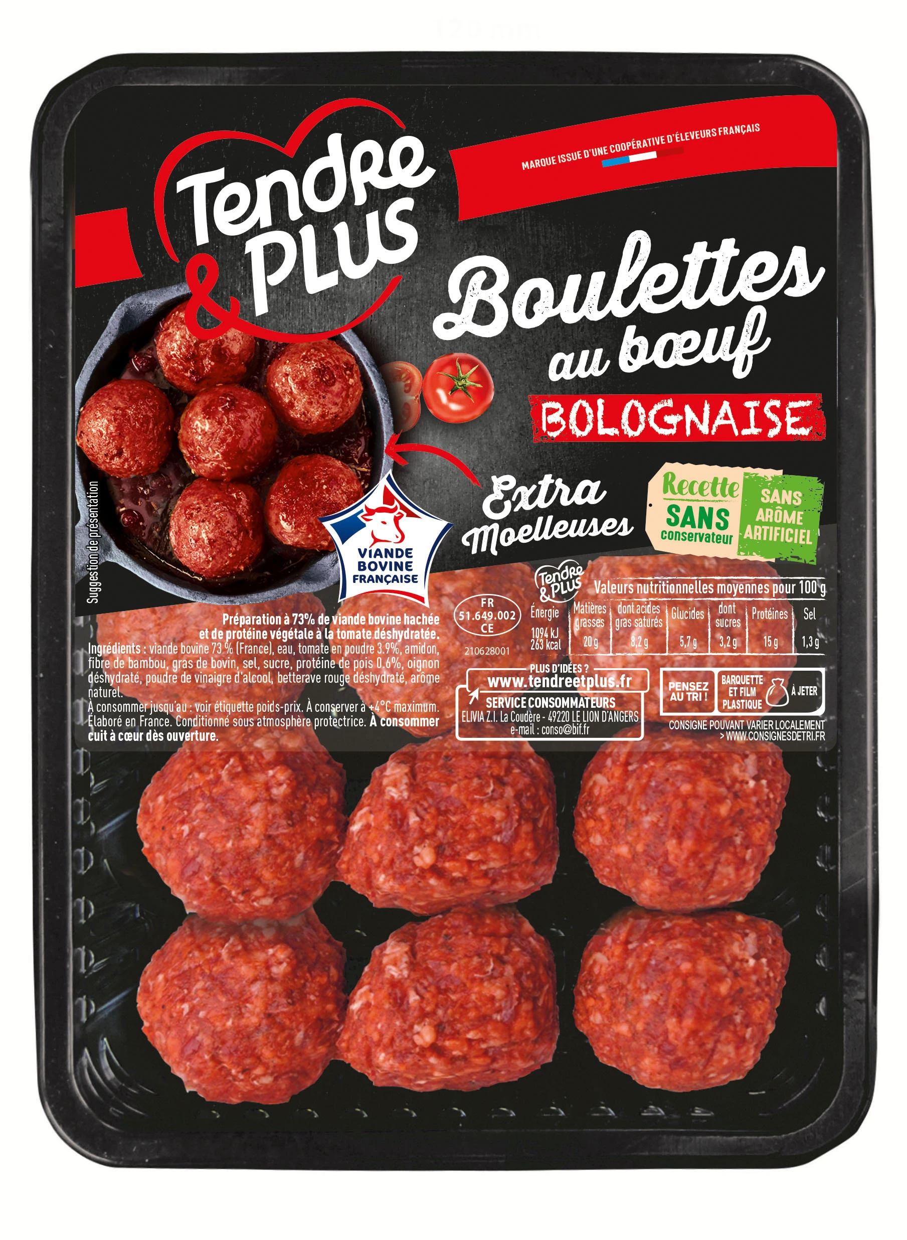 Boulettes aux Boeuf Bolognaise, 375g - TENDRE & PLUS