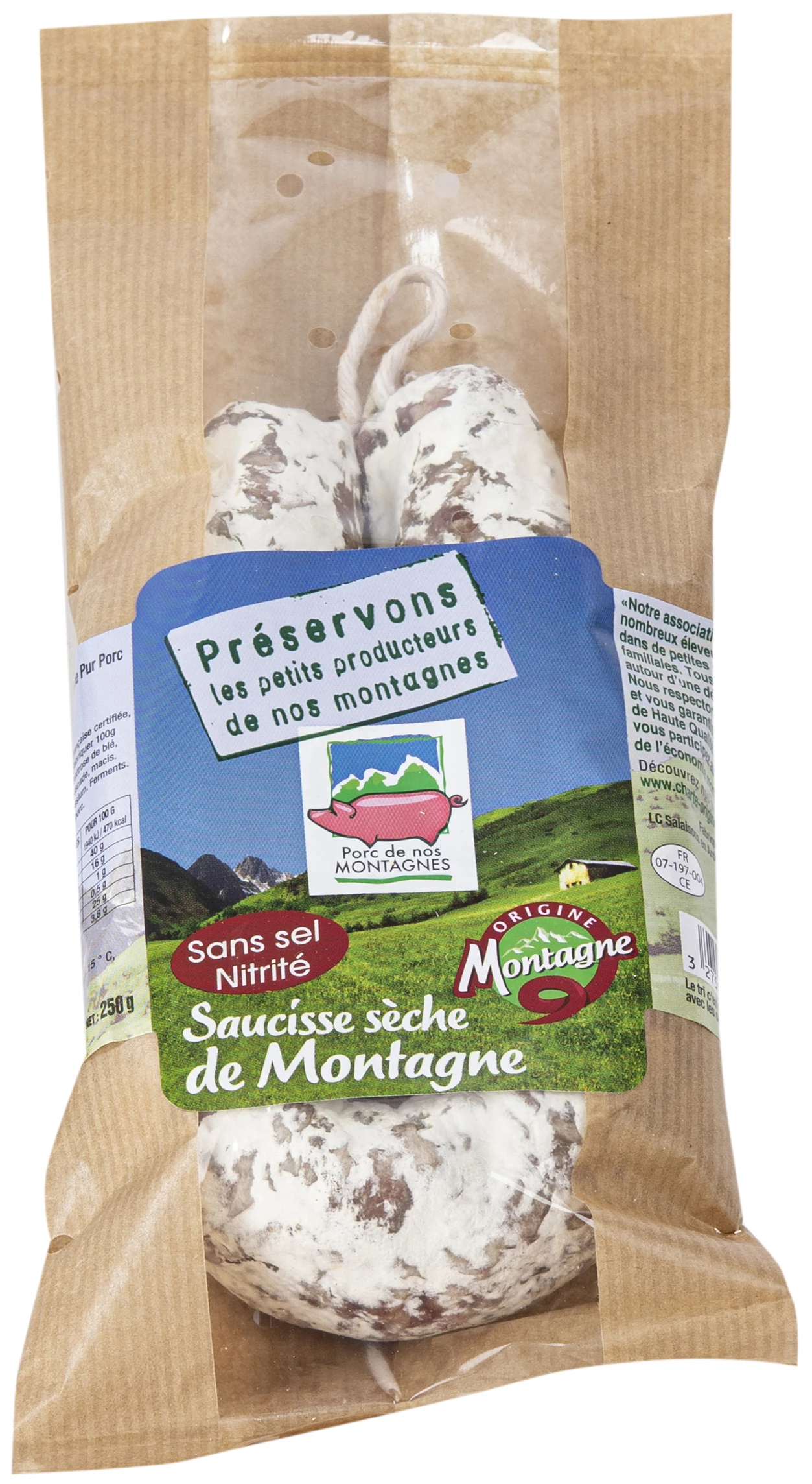 Saucisee Sèche de Montagne Sans Sel Nitrité 250g - PORC DE NOS MONTAGNES