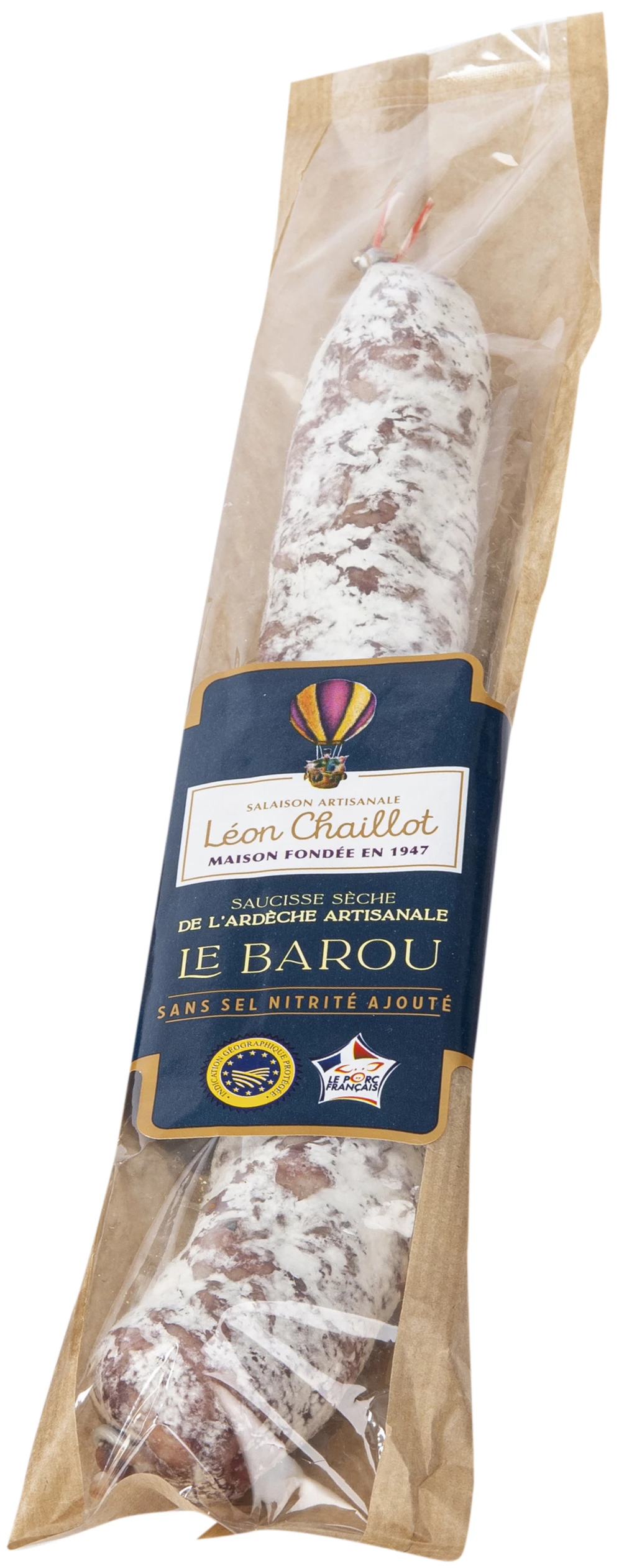 Saucisse Sèche de l'Ardèche Artisanale Sans Sel Nitrité Ajouté Le Barou 200g - LEON CHAILLOT