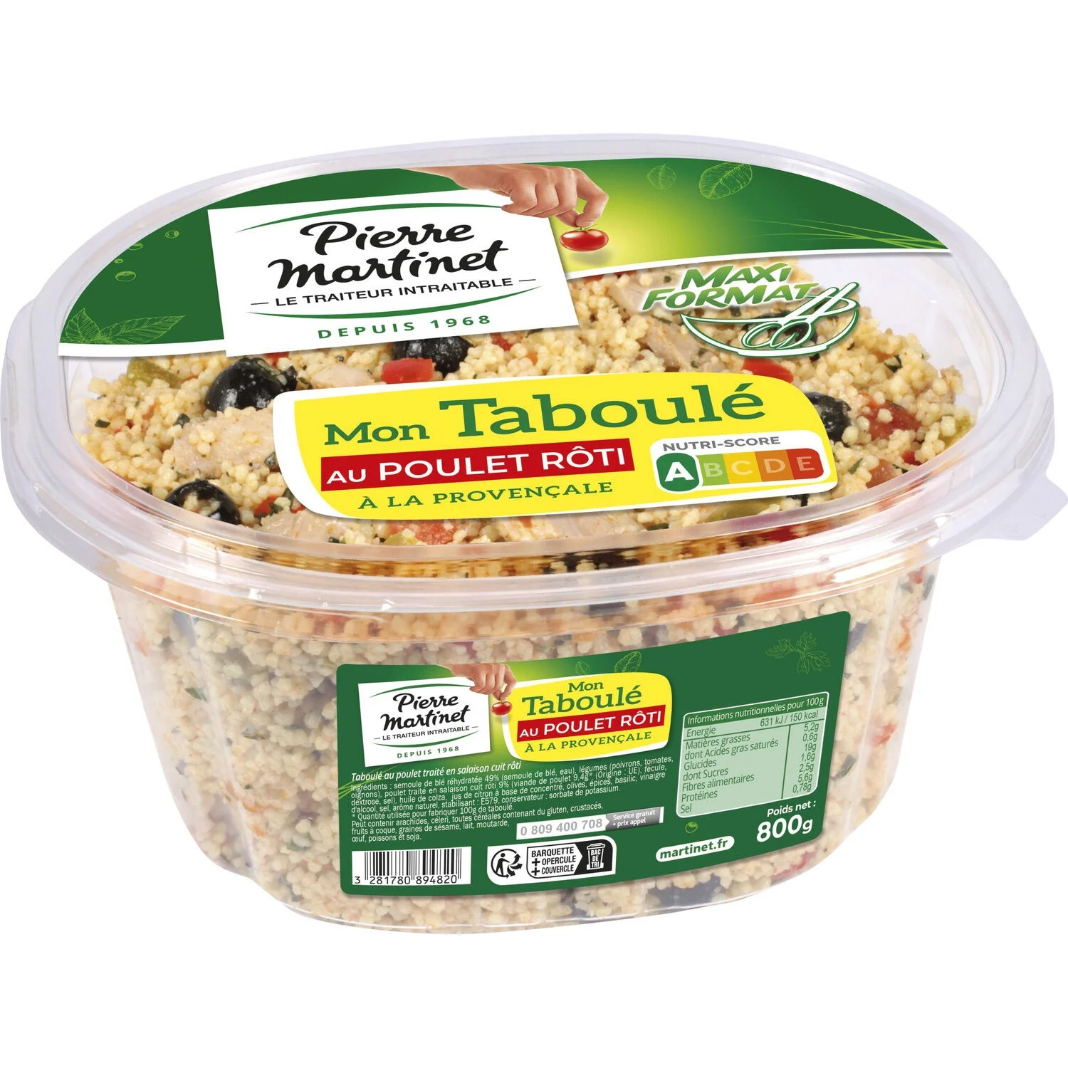 Salade Taboulé Poulet à La Provençale Poivron Tomates Olives 800g - Pierre Martinet