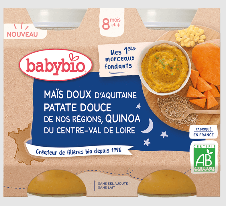 Bonne Nuit Maïs doux d'Aquitaine Patate douce Quinoa du Centre-Val de Loire - avec morceaux NOUVEAU (Disponibilité 15/03/23) 8m 2x200g - VITAGERMINE