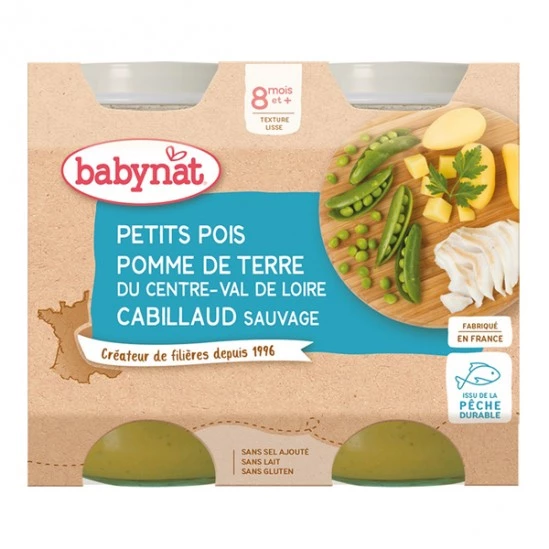 Petit Pot Bébé Dès 8 Mois, Petits Pois Cabillaud 2x200g- Babybio