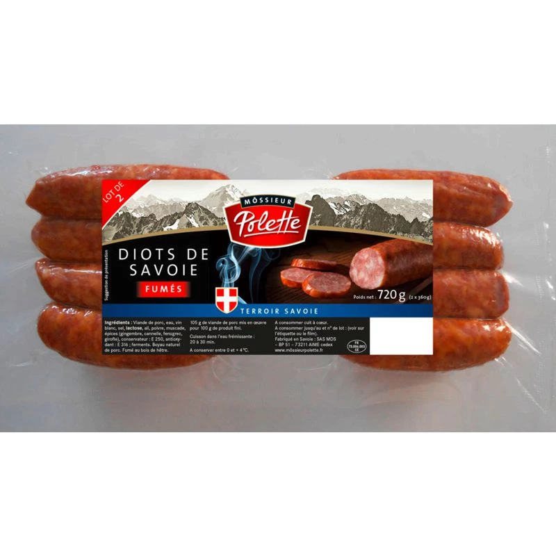 Saucisse à Cuire Lot de 2 Diots de Savoie Fumés, x4, 720g - BELL