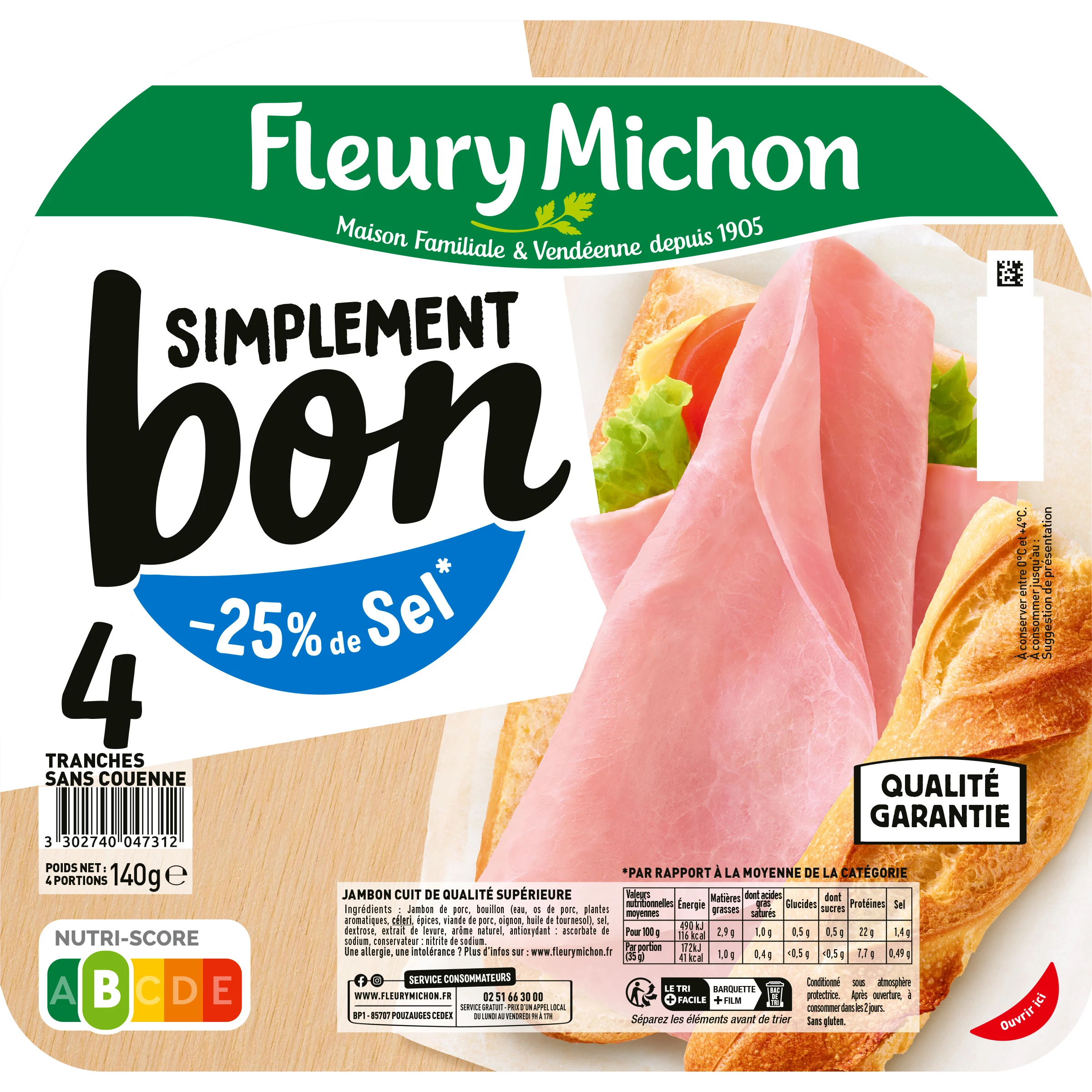 Jambon Simplement Bon Réduit en Sel, 4 Tranches - FLEURY MICHON