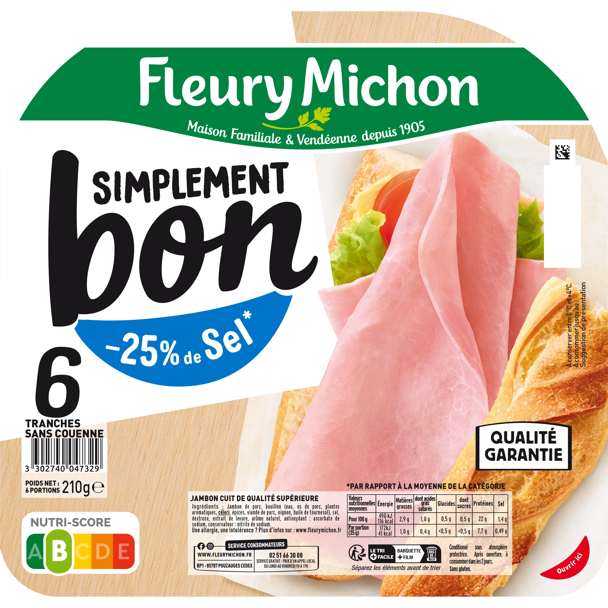 Jamón Simply Good Reducido en Sal sin Corteza, 6 Lonchas - FLEURY MICHON