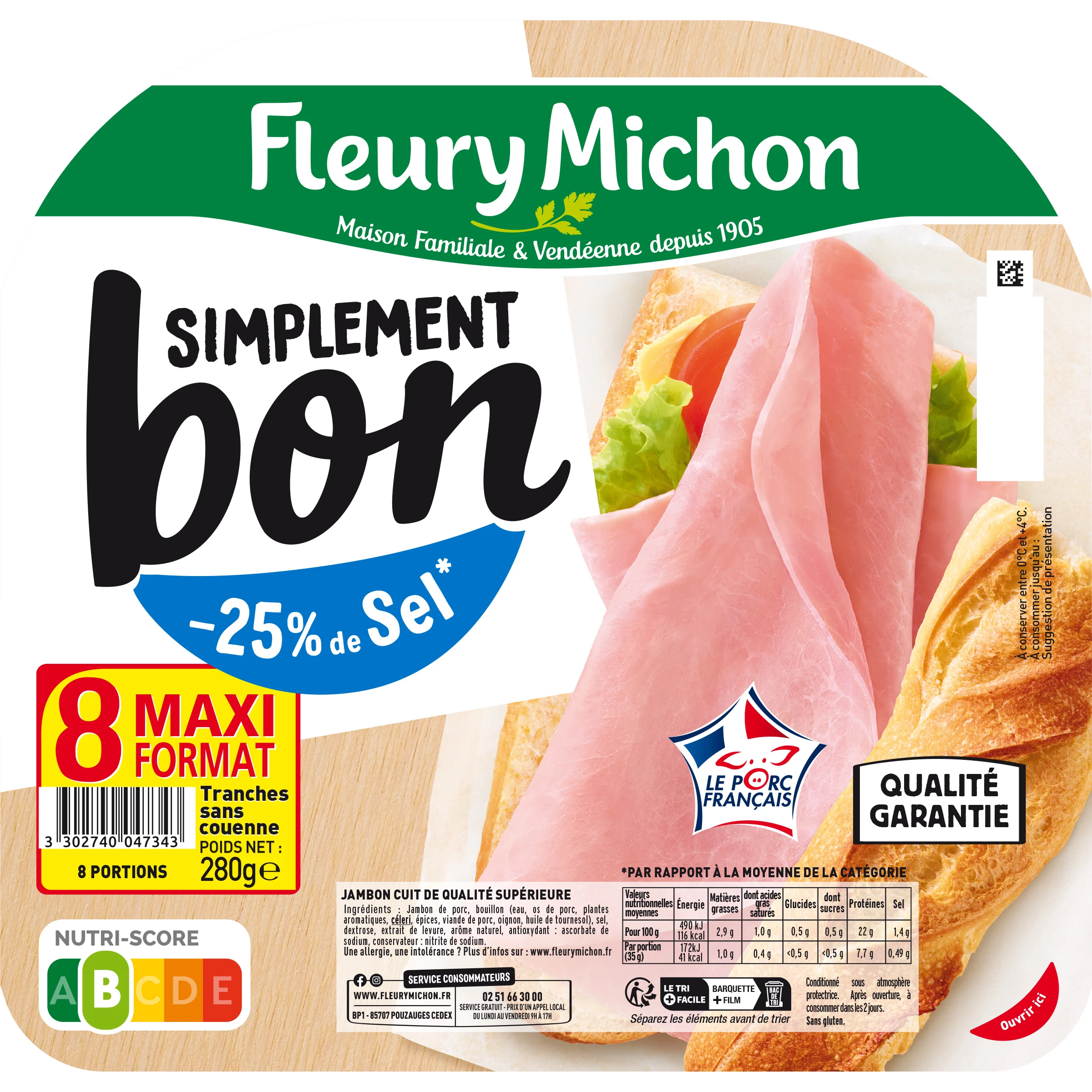 Jambon Simplement Bon -25% de Sel, 8 Tranches - FLEURY MICHON