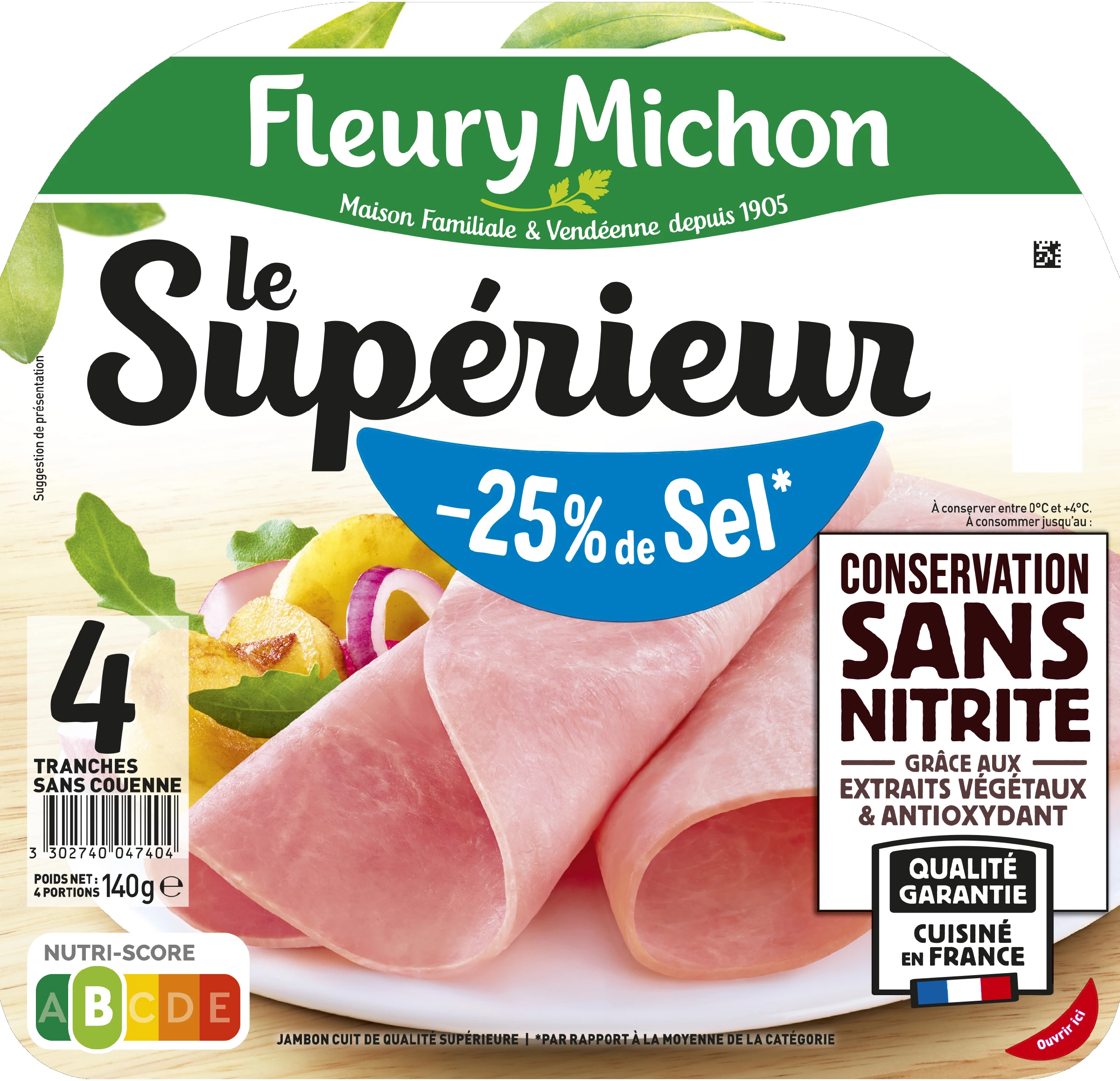 Le Supérieur-Schinken, konserviert, nitritfrei, reduziertes Salz, 4 Scheiben - FLEURY MICHON