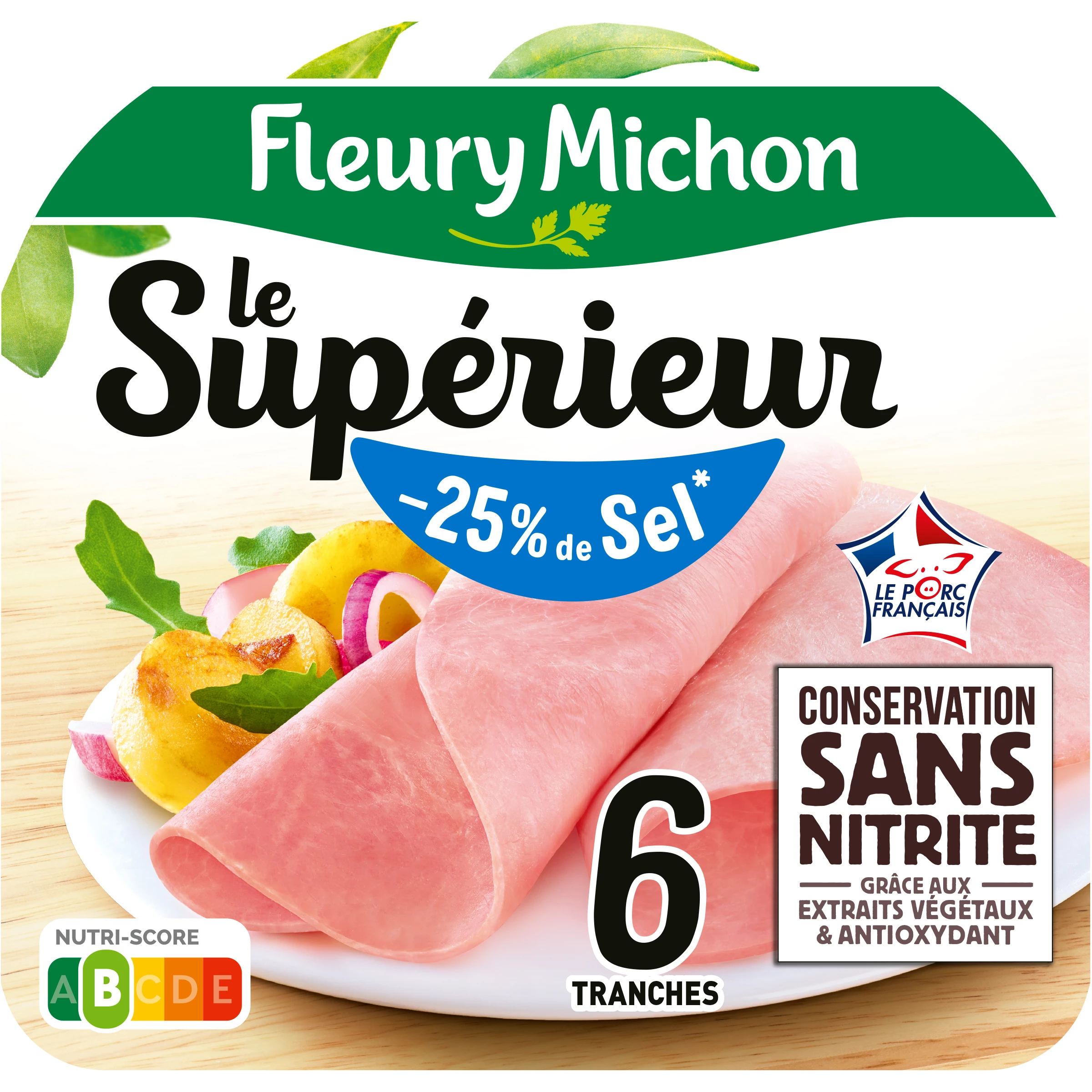 Jamón Cocido Sin Corteza Sin Nitrito Reducido en Sal -25%, 6 Lonchas - FLEURY MICHON