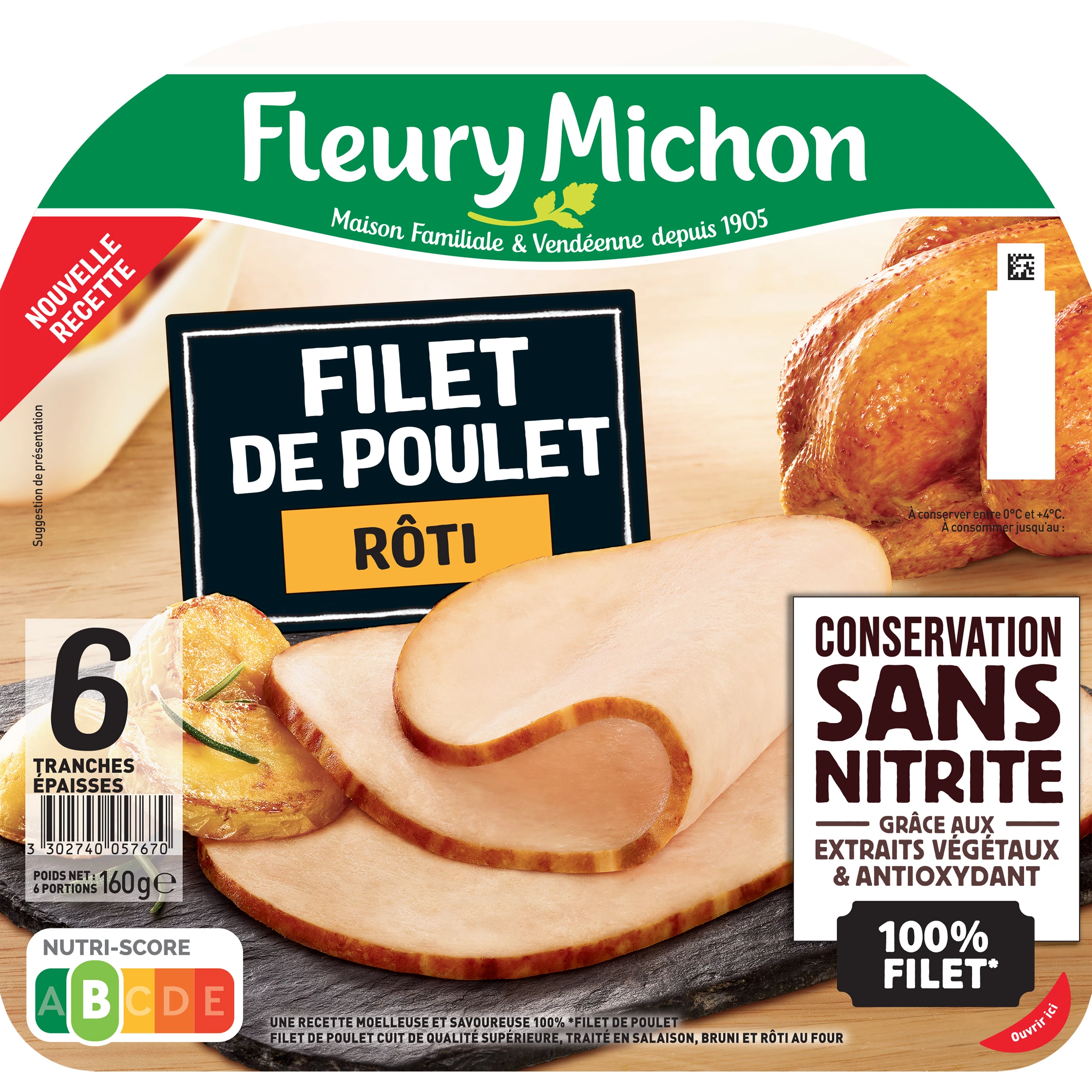 Filet de Poulet Rôti Conservation sans Nitrite, 6 Tranches - FLEURY MICHON