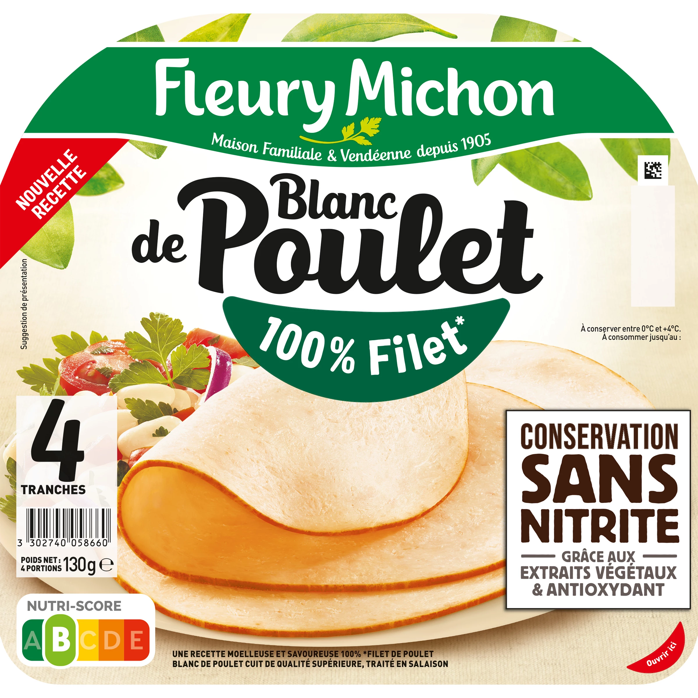 Chicken white storage without nitrite, 4 slices - FLEURY MICHON