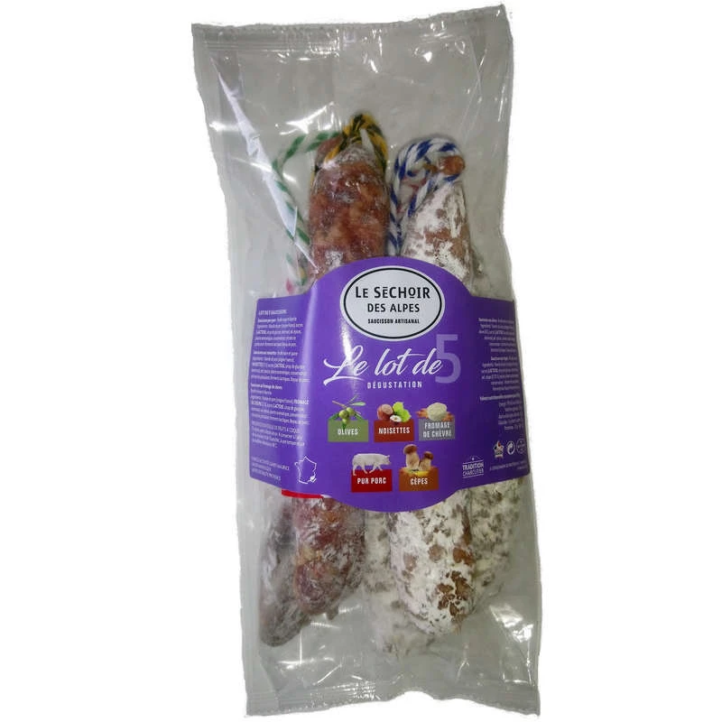 Les saucissonnades 5 saucissons olives noisettes chèvre cèpes pur porc - LE SECHOIR DES ALPES