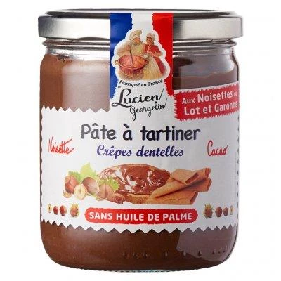 Hazelnootpasta van Lot & Garonne. Cacao- en gebroken kantpannenkoeken Palmolievrij 400g - LUCIEN GEORGELIN