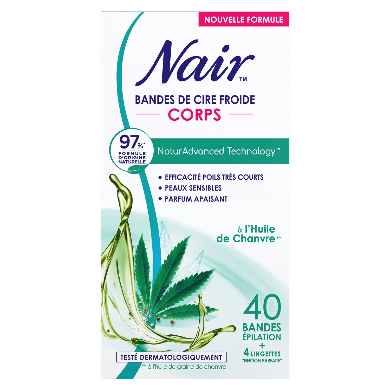 Cold Body Wax Strips Sensitive Skin Very Short Hair & Soothing Scent With Hemp Oil Naturadvanced Technology 40 strips + 4 wipes -  NAIR