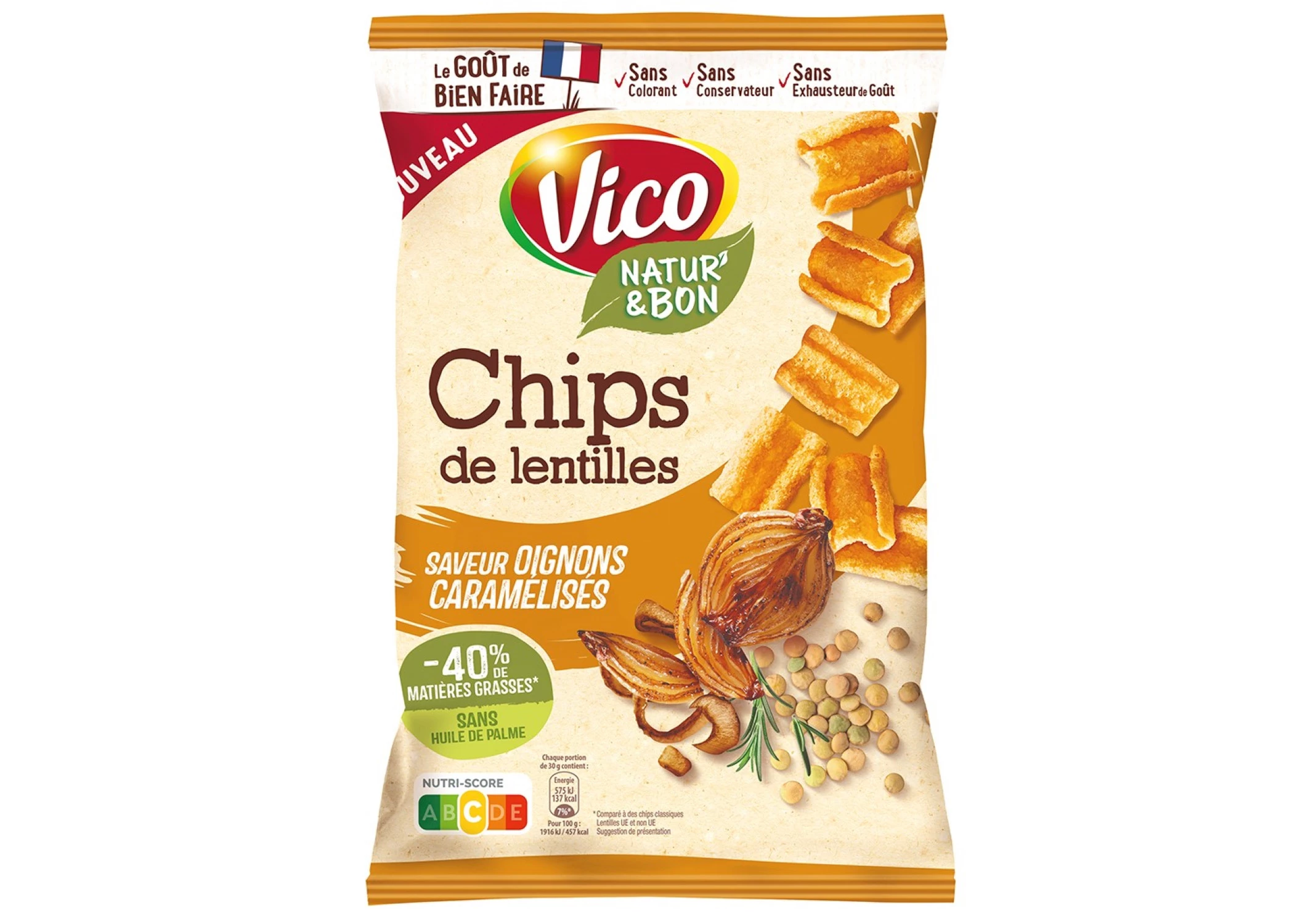 Chips de lentejas y cebolla caramelizada, 85g VICO