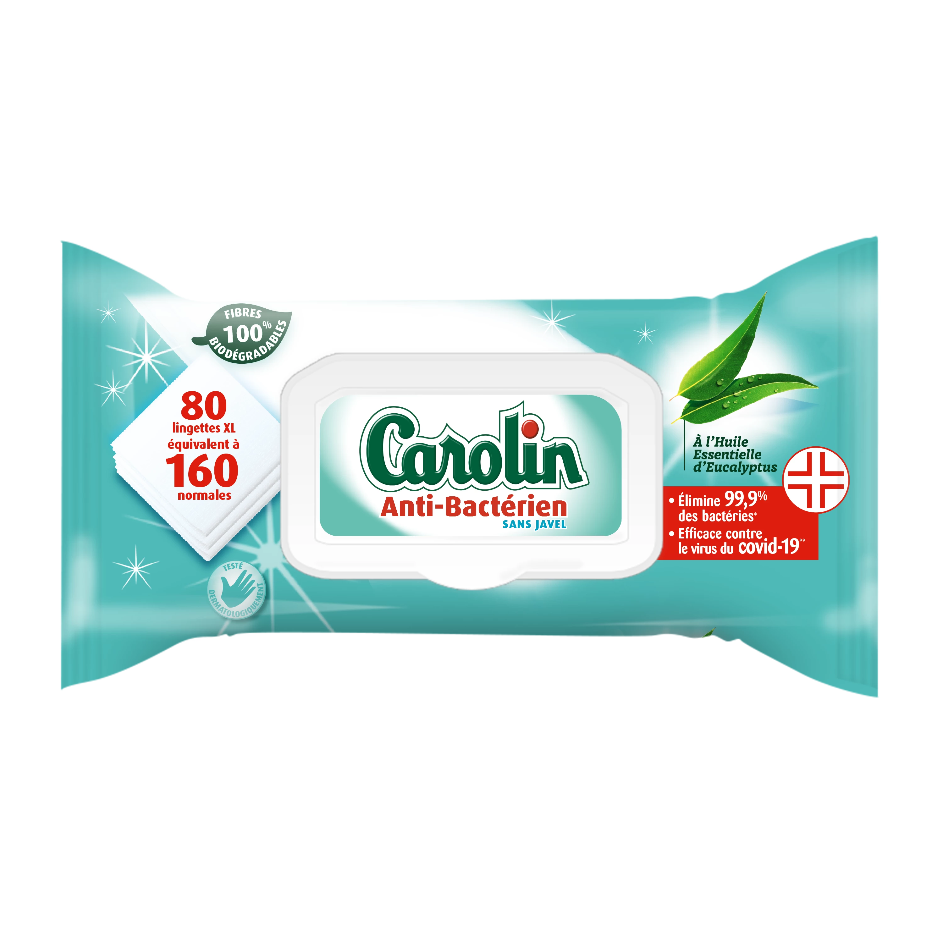 Lingettes nettoyantes extra-larges Carolin anti-bactérien X80