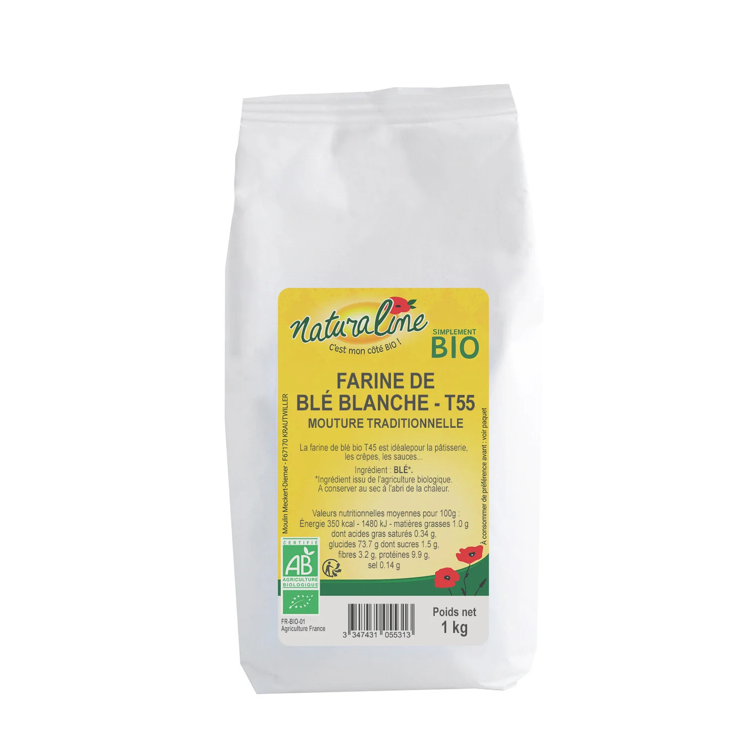 White Wheat Flour T55 Organic 1kg -naturaline