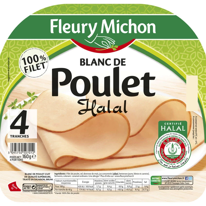 Blanc de Poulet Doré Halal, 4 Tranches 160g - FLEURY MICHON