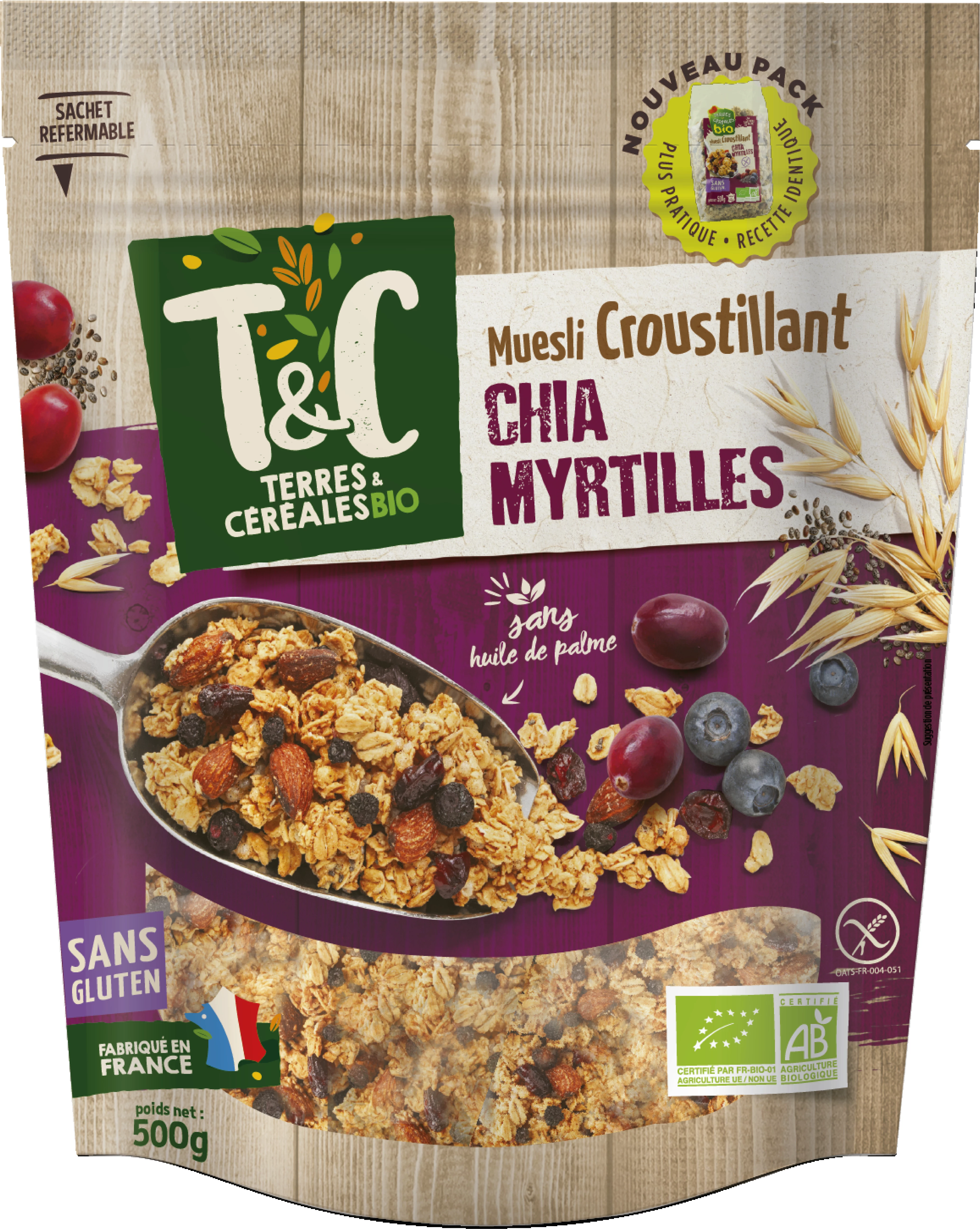 Crispy blueberry chia muesli organic gluten free 500g - TERRES ET CEREALES