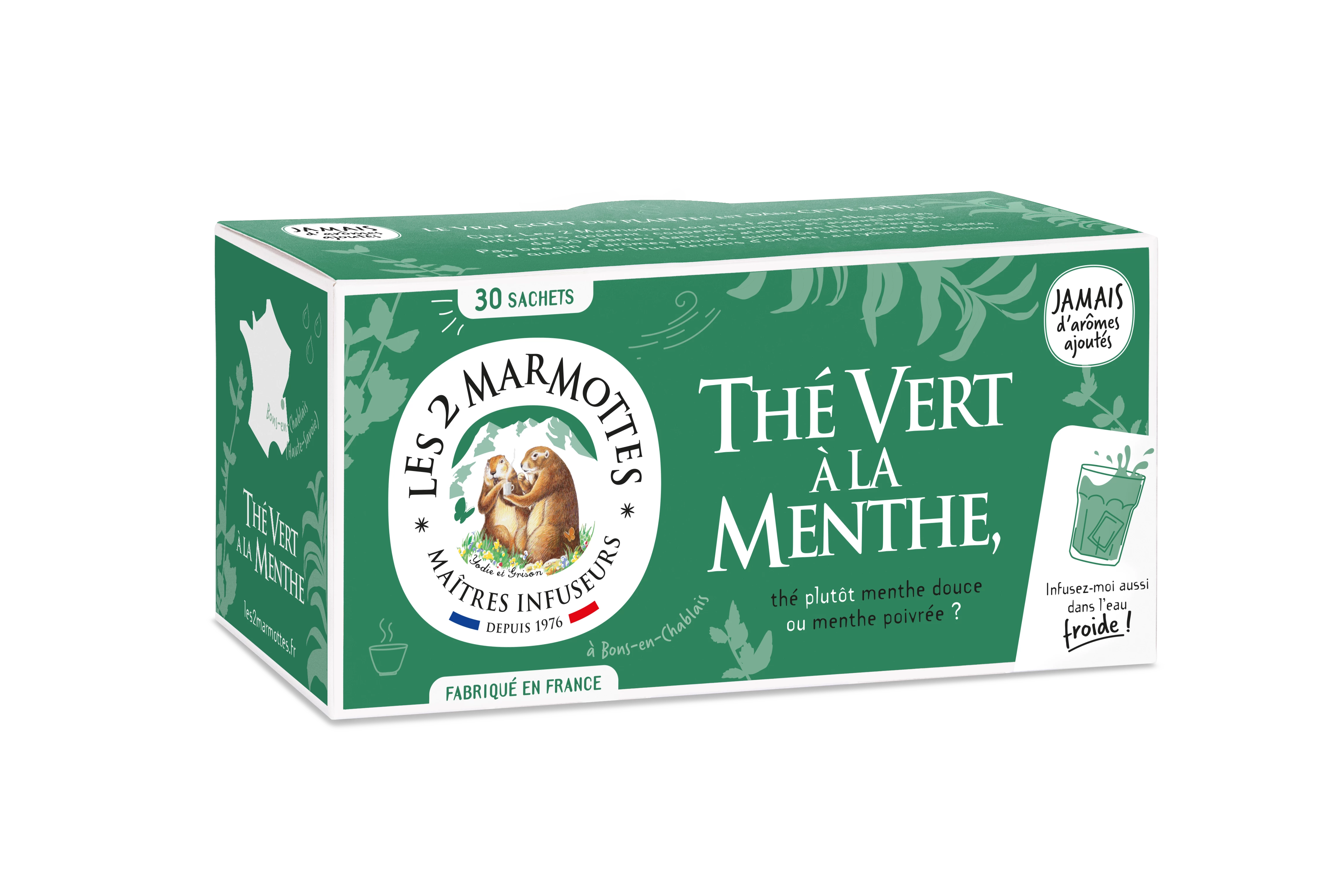 Thé Vert à la Menthe, 30 sachets, 45g - LES 2 MARMOTTES