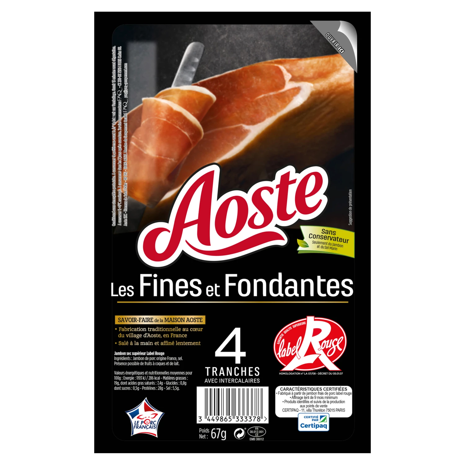 Tranches Fines et Fondantes de Jambon, x4, 67g - AOSTE