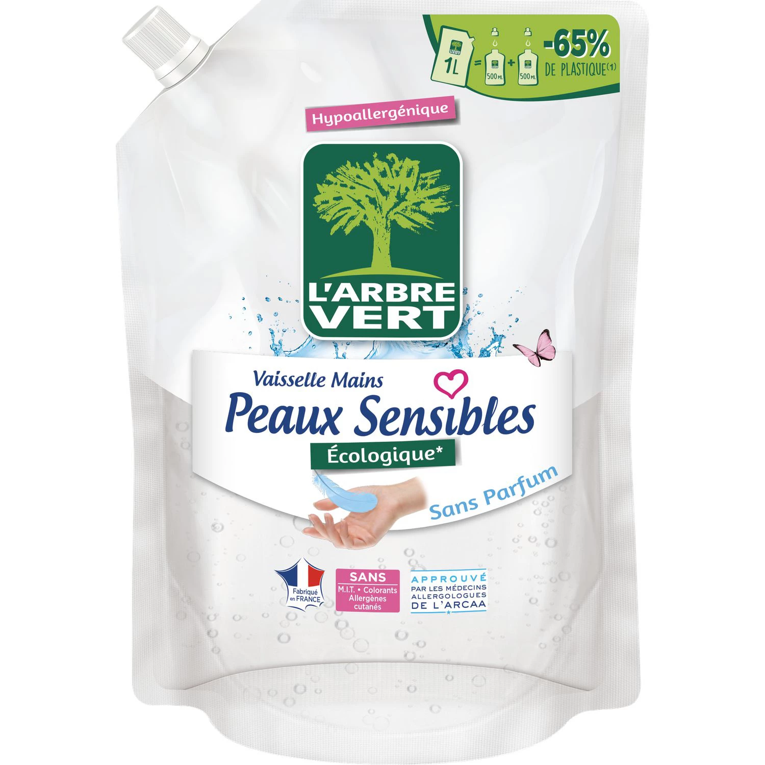 Recharge liquide vaisselle mains peaux sensibles 1l - L'ARBRE VERT