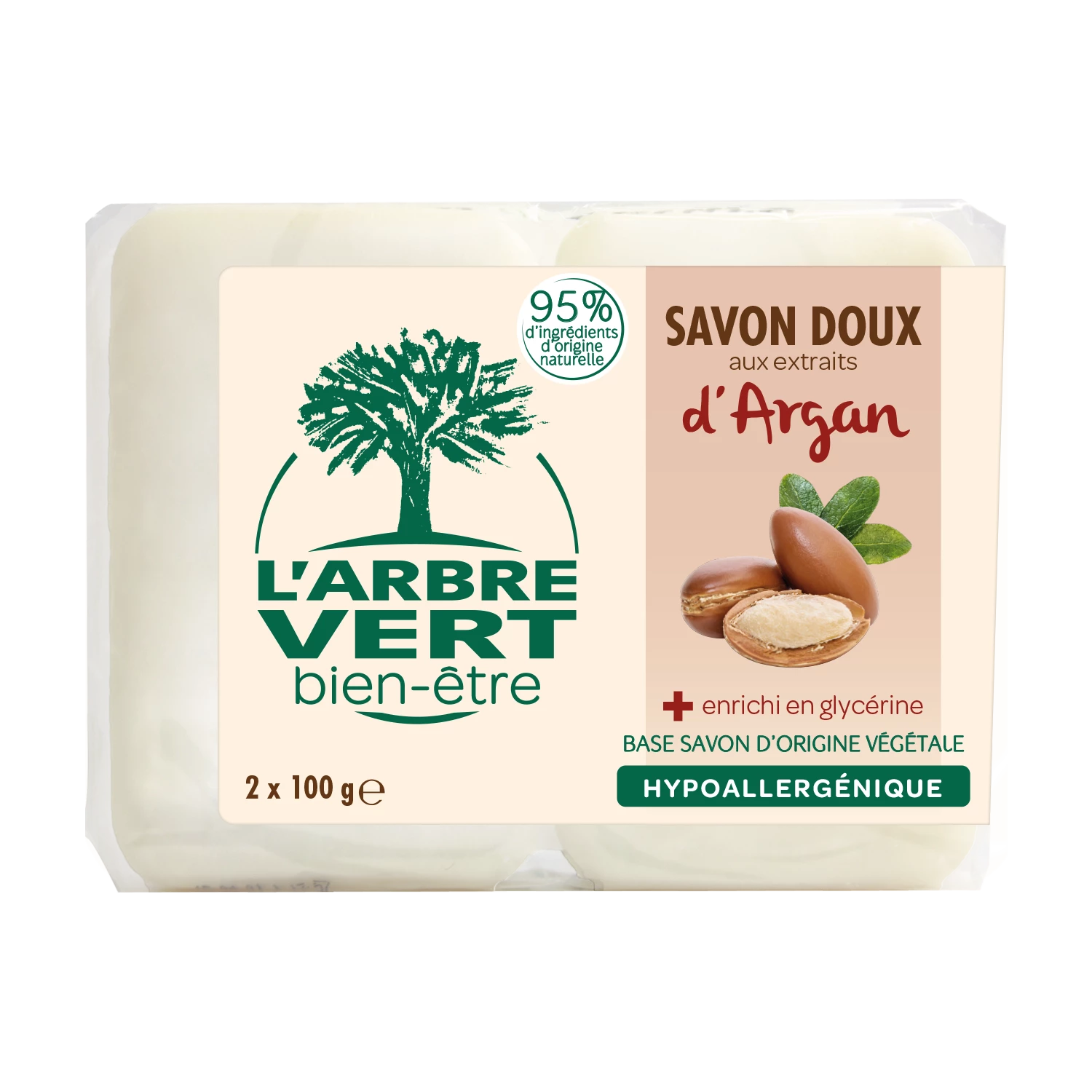 Sabonete Suave de Argan Sólido 2 x 100g - L'ARBRE VERT