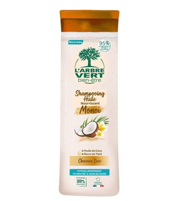 L'arbre Vert Bien-être Shamp Huile Nourrissant Monoi Huile De Coco Et Fleurs De Tiaré Cheveux Secs - Hypoallergénique - Ph Neutre - Sans Silicone - 95% D'ingrédients D'origine Naturelle - 250ml