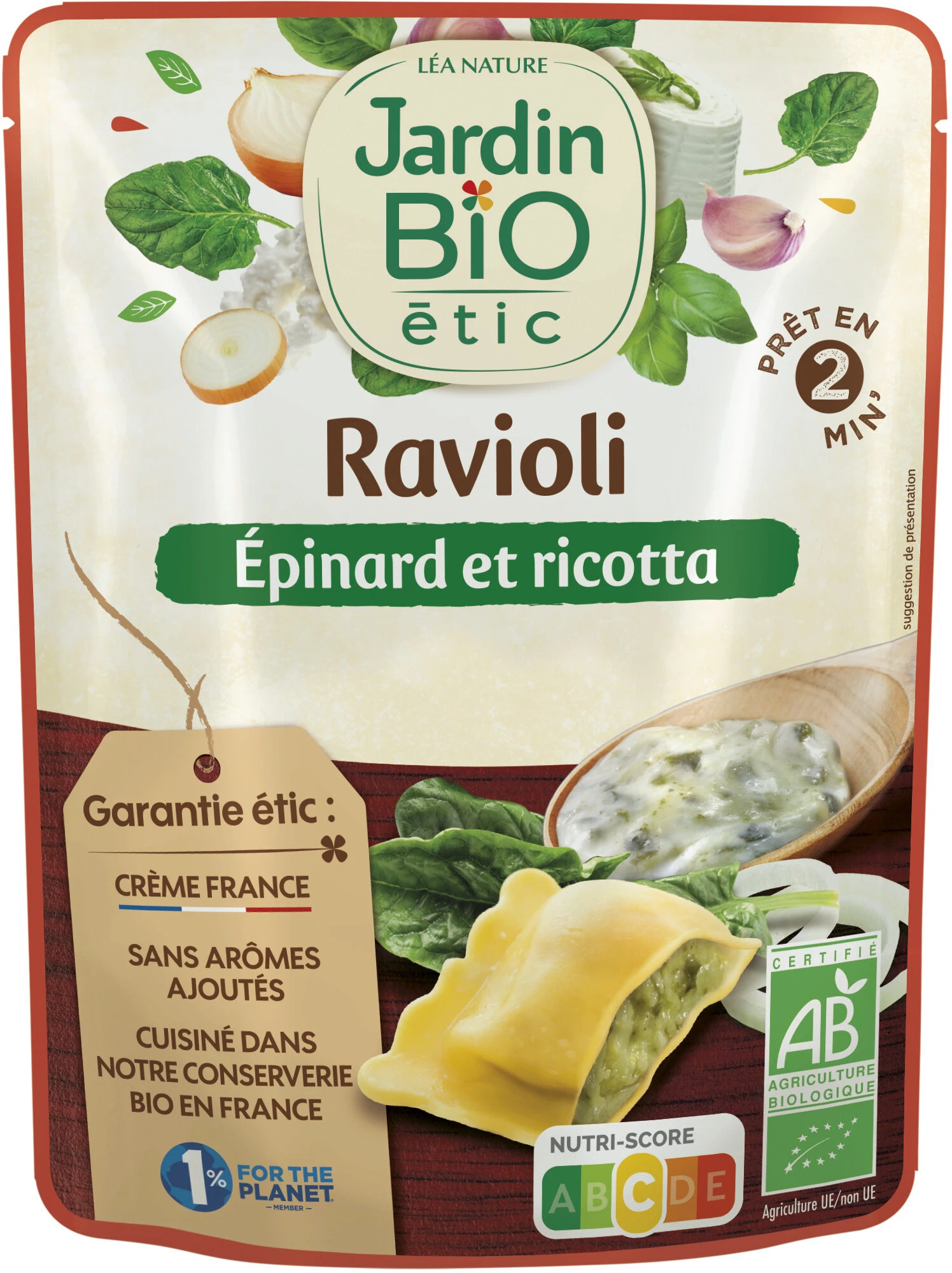 Plat Cuisiné Ravioli épinard Ricotta Bio 250g - Jardin Bio Etic