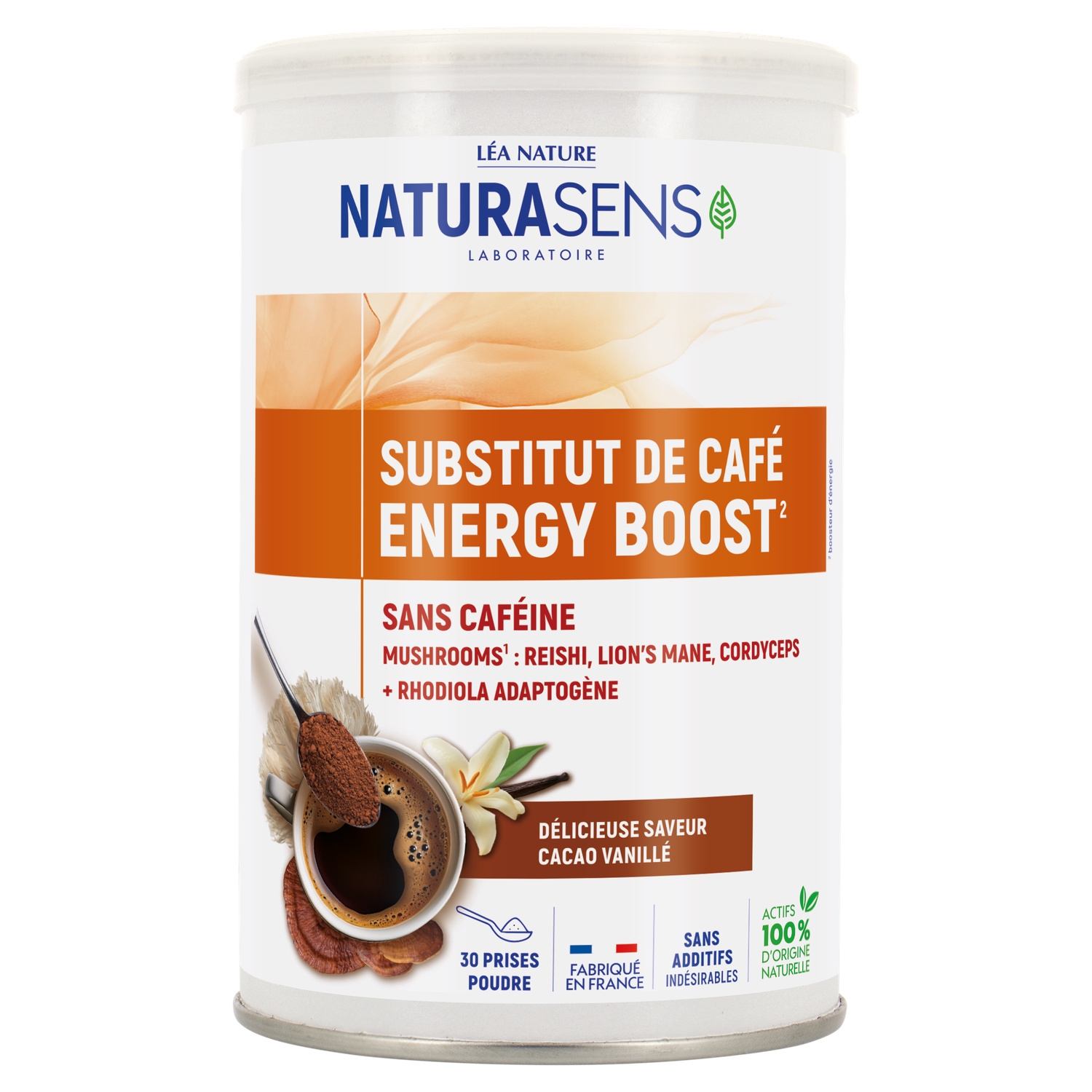 Substitut de café sans caféine Energy Boost saveur cacao vanille 90 g - NATURASENS