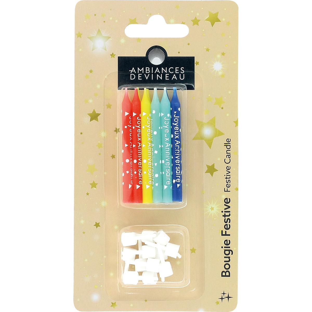 Lot de 12 bougies Joy anniversaire, coloris assortis - DEVINEAU