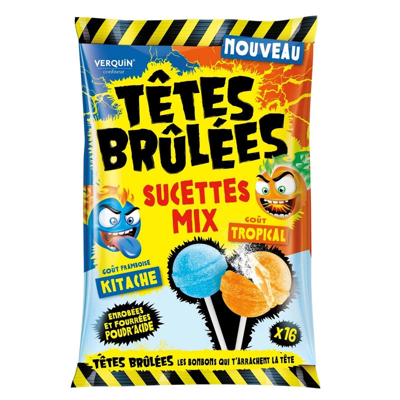 Bonbons sucettes mix têtes brûlées X16 136g - VERQUIN CONFISEUR