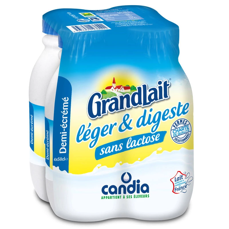 Lait demi-écrémé léger & digeste sans lactose 4x50cl  - CANDIA