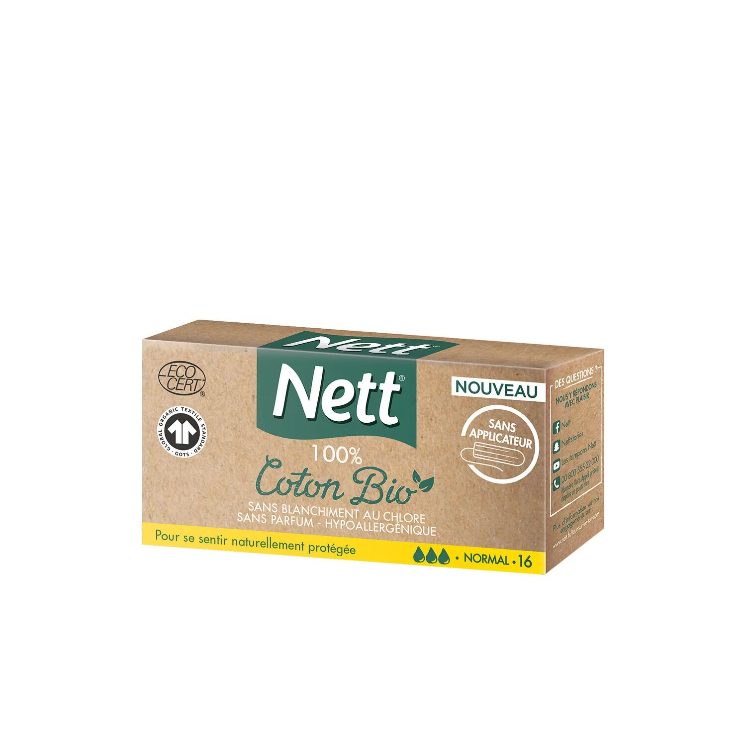 Tampons Without Applicator 100% Organic Cotton Normal x16 - NETT